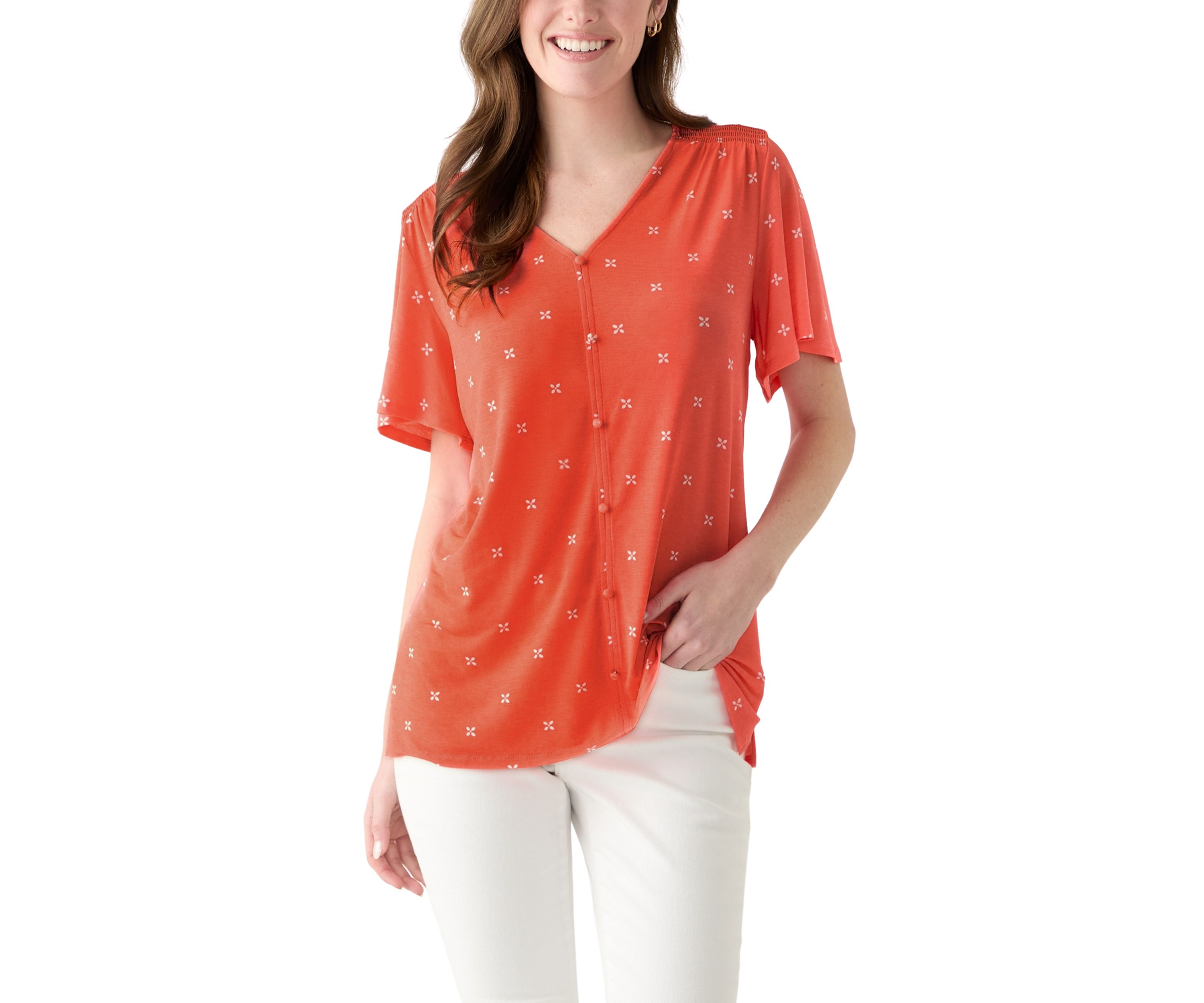 Womens Flutter Sleeve Button Front Top
