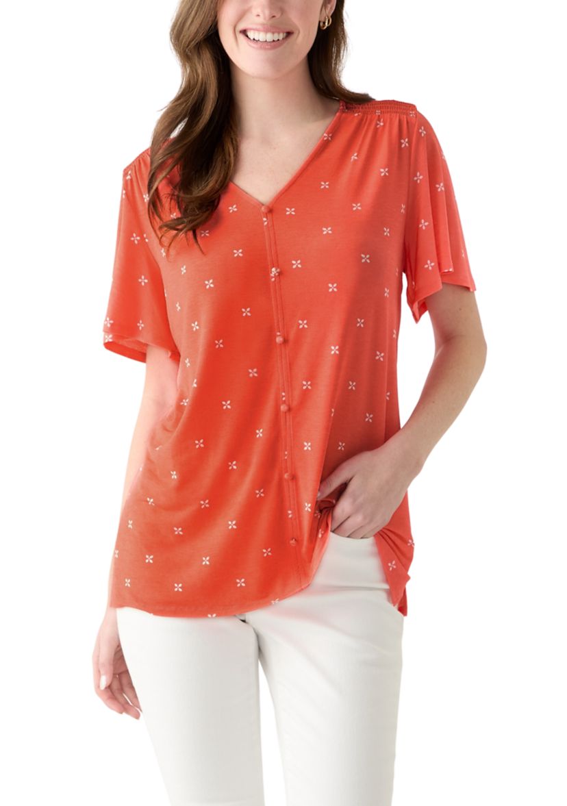 Womens Flutter Sleeve Button Front Top