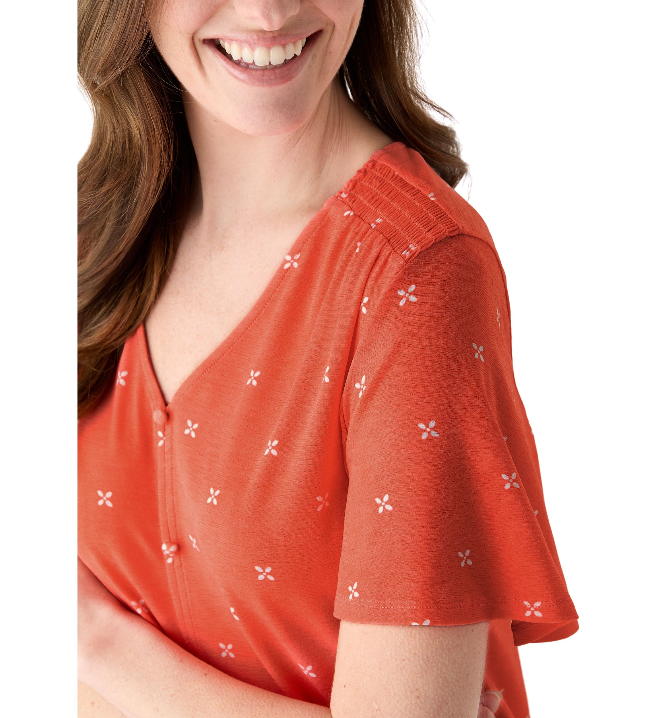 Womens Flutter Sleeve Button Front Top