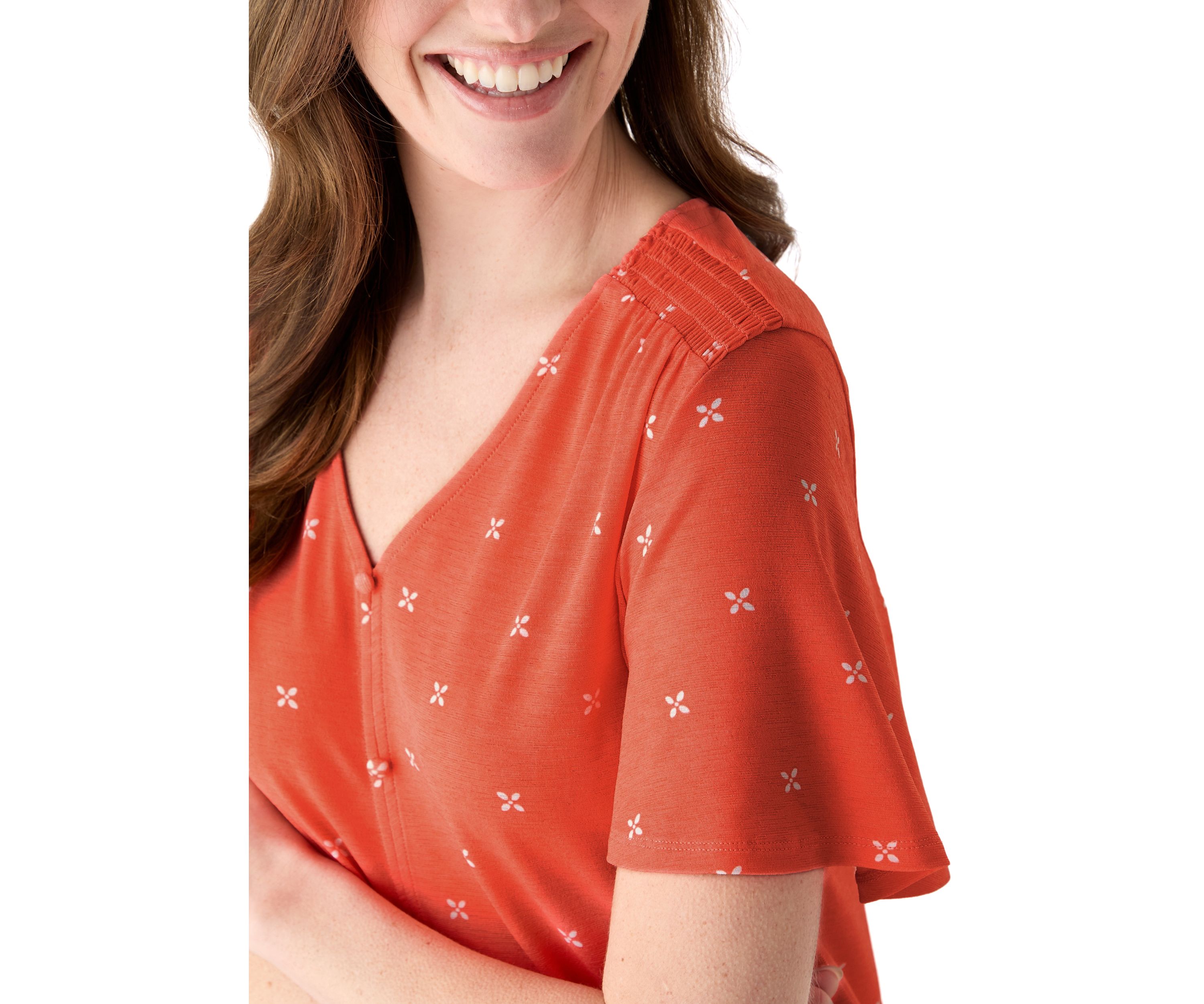 Womens Flutter Sleeve Button Front Top