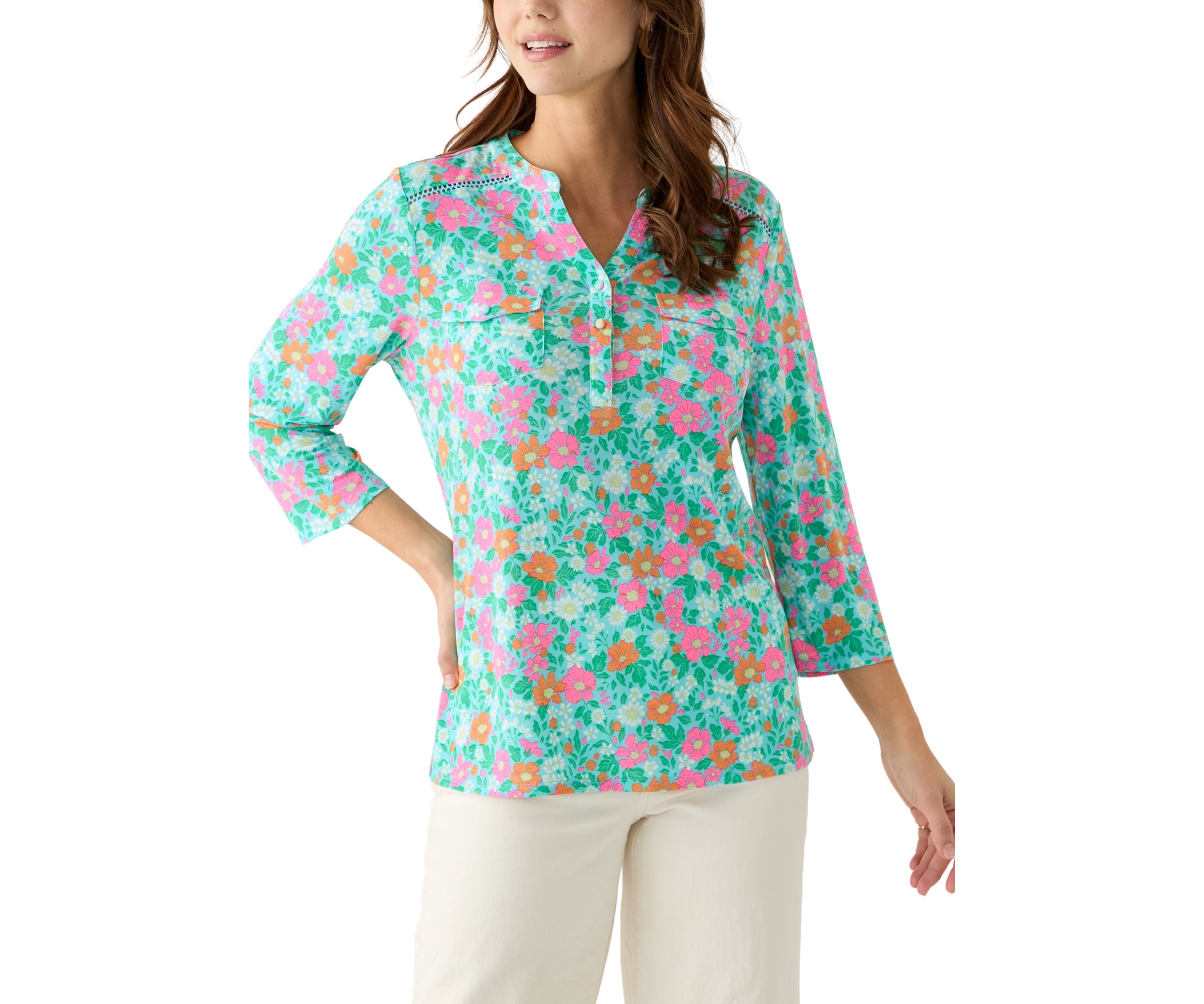 Womens Knit Henley Printed Top