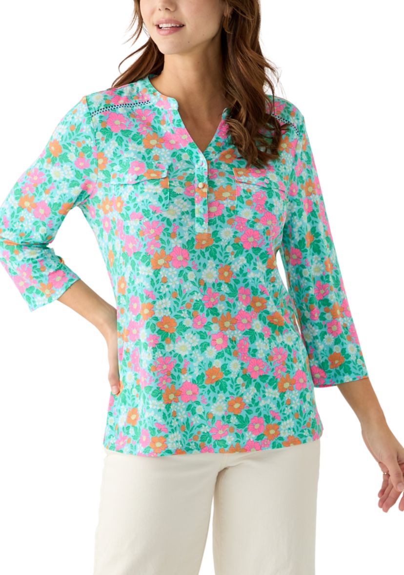 Womens Knit Henley Printed Top