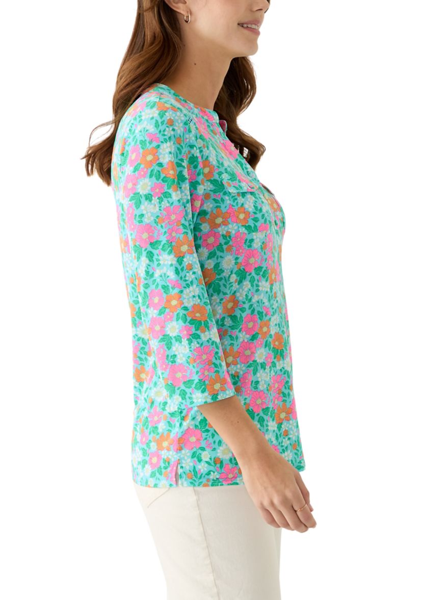 Womens Knit Henley Printed Top