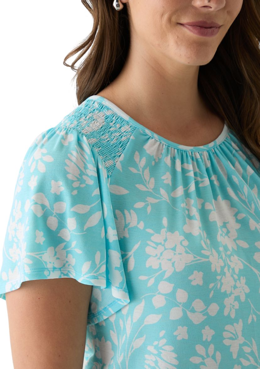 Womens Printed Smocked Detail Top