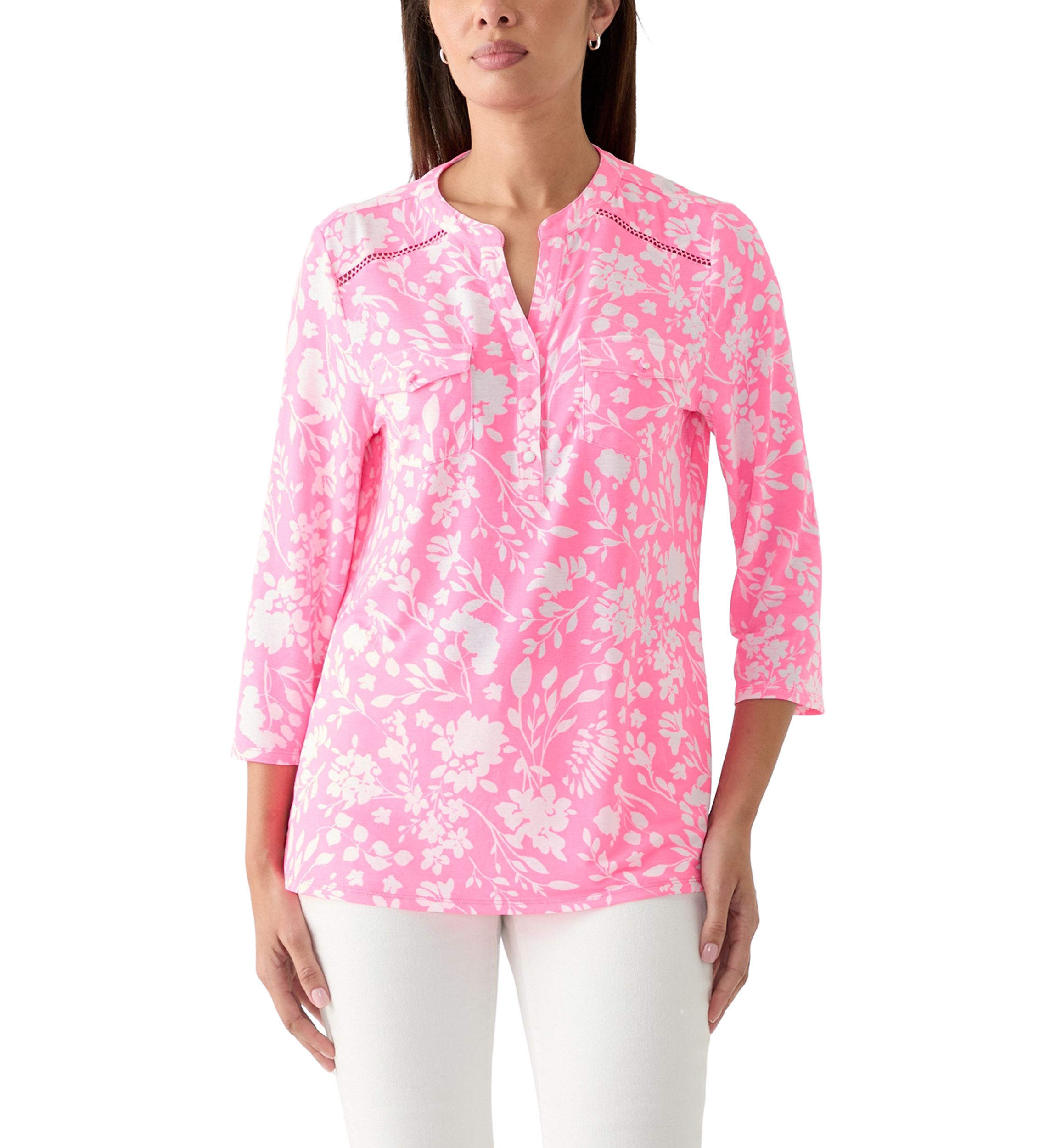 Womens 3/4 Sleeve Printed Knit Henley Top