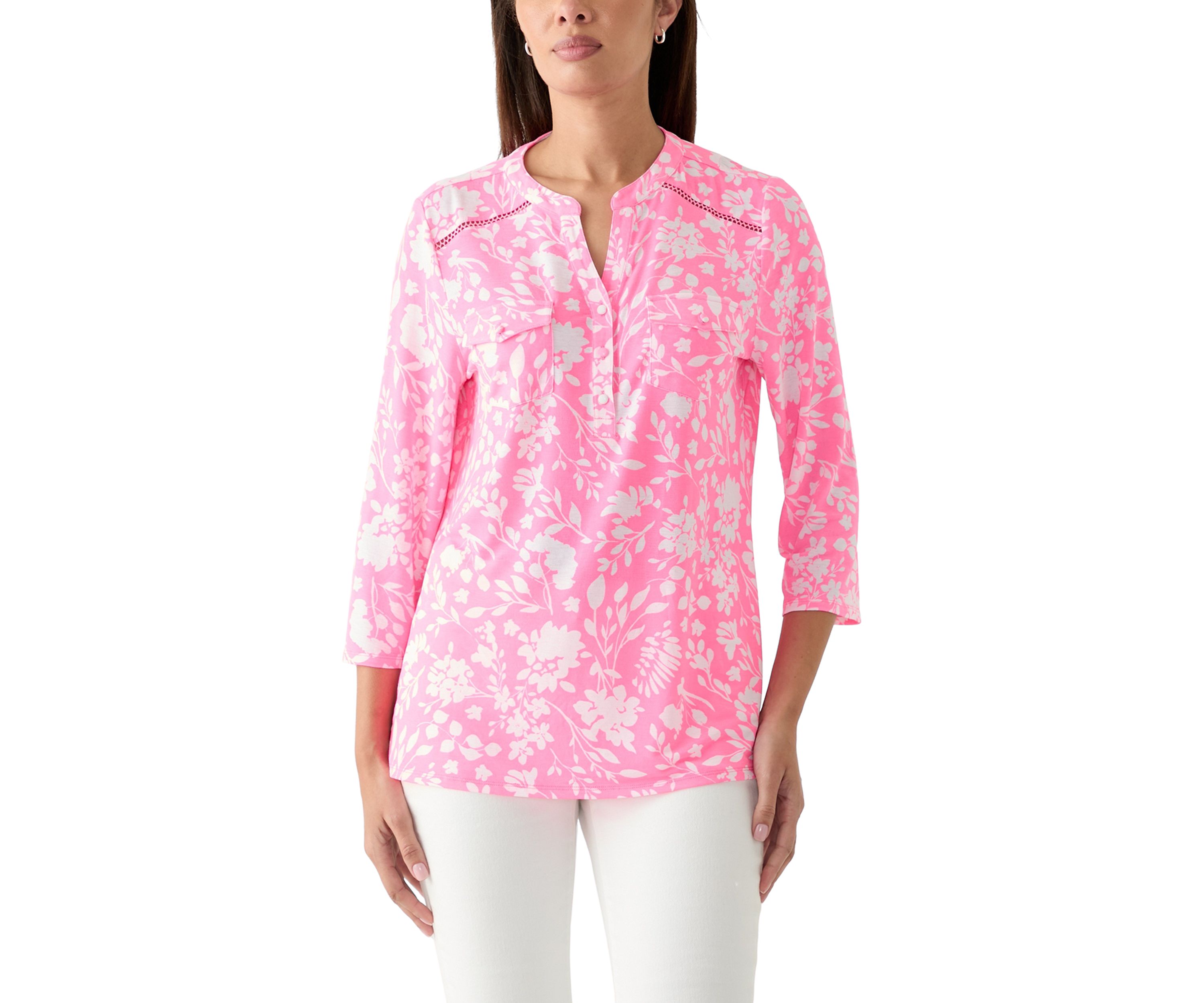 Womens 3/4 Sleeve Printed Knit Henley Top