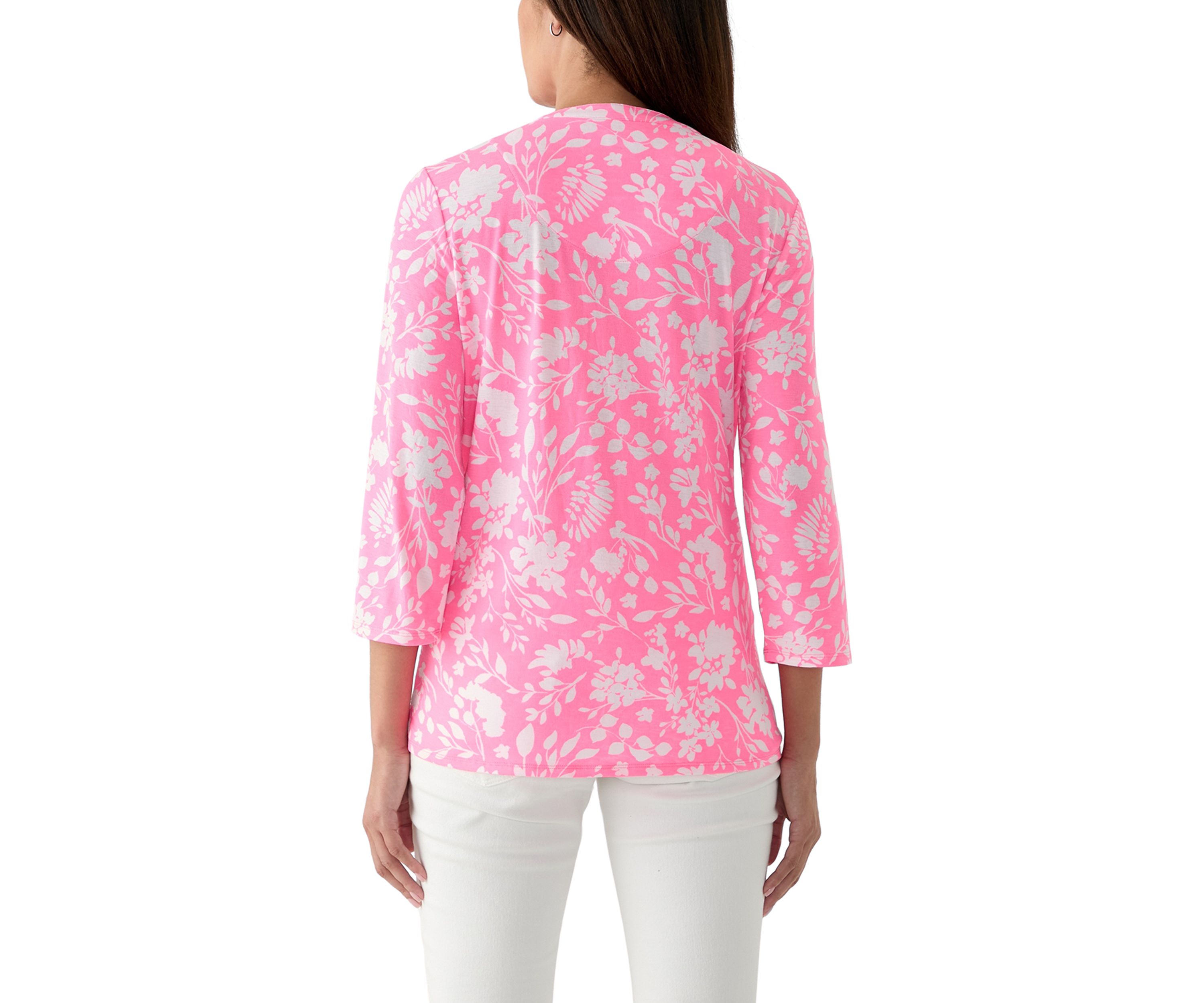 Womens 3/4 Sleeve Printed Knit Henley Top