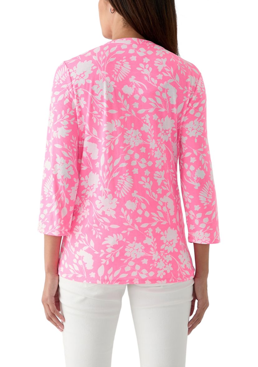 Womens 3/4 Sleeve Printed Knit Henley Top
