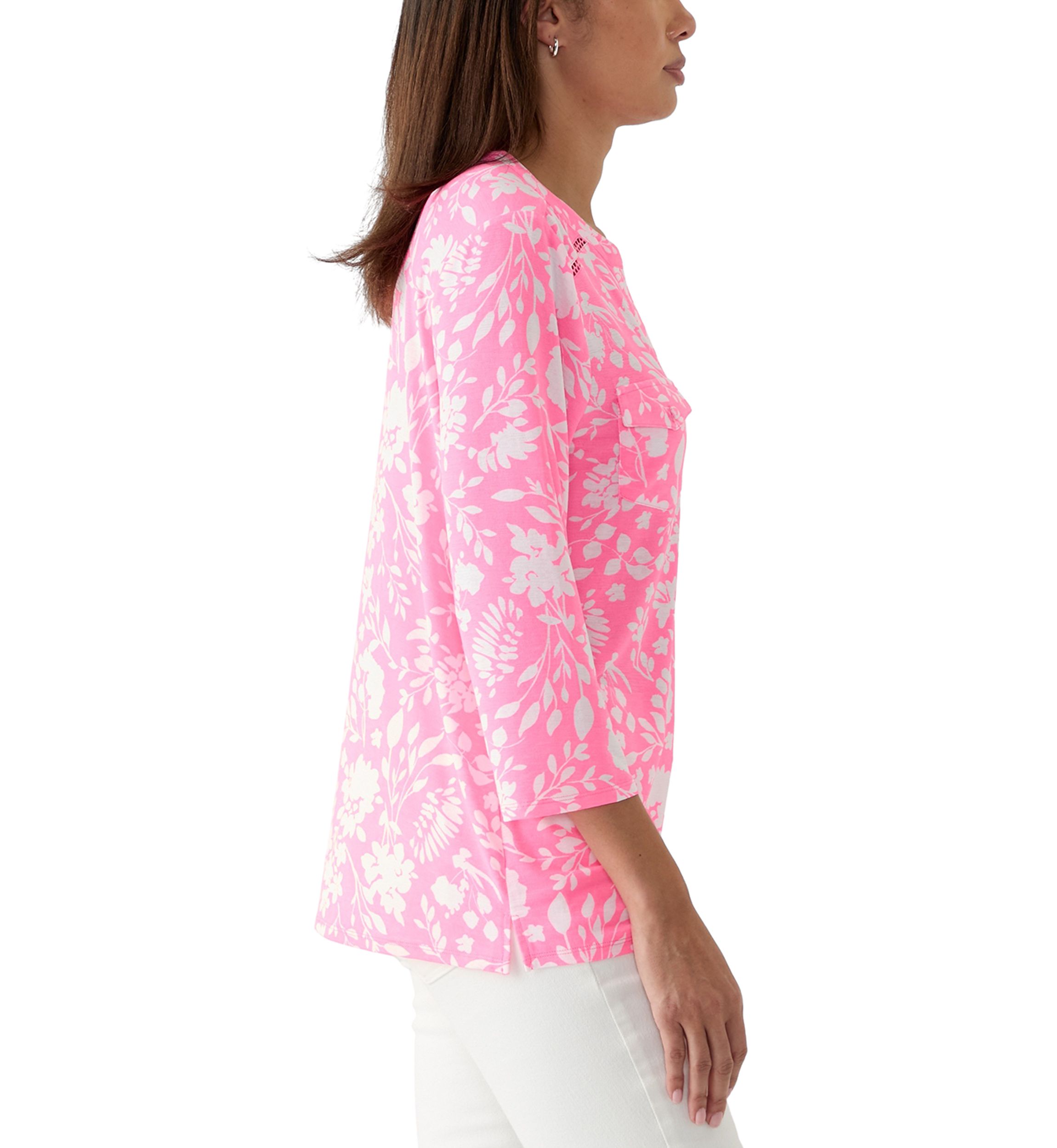Womens 3/4 Sleeve Printed Knit Henley Top