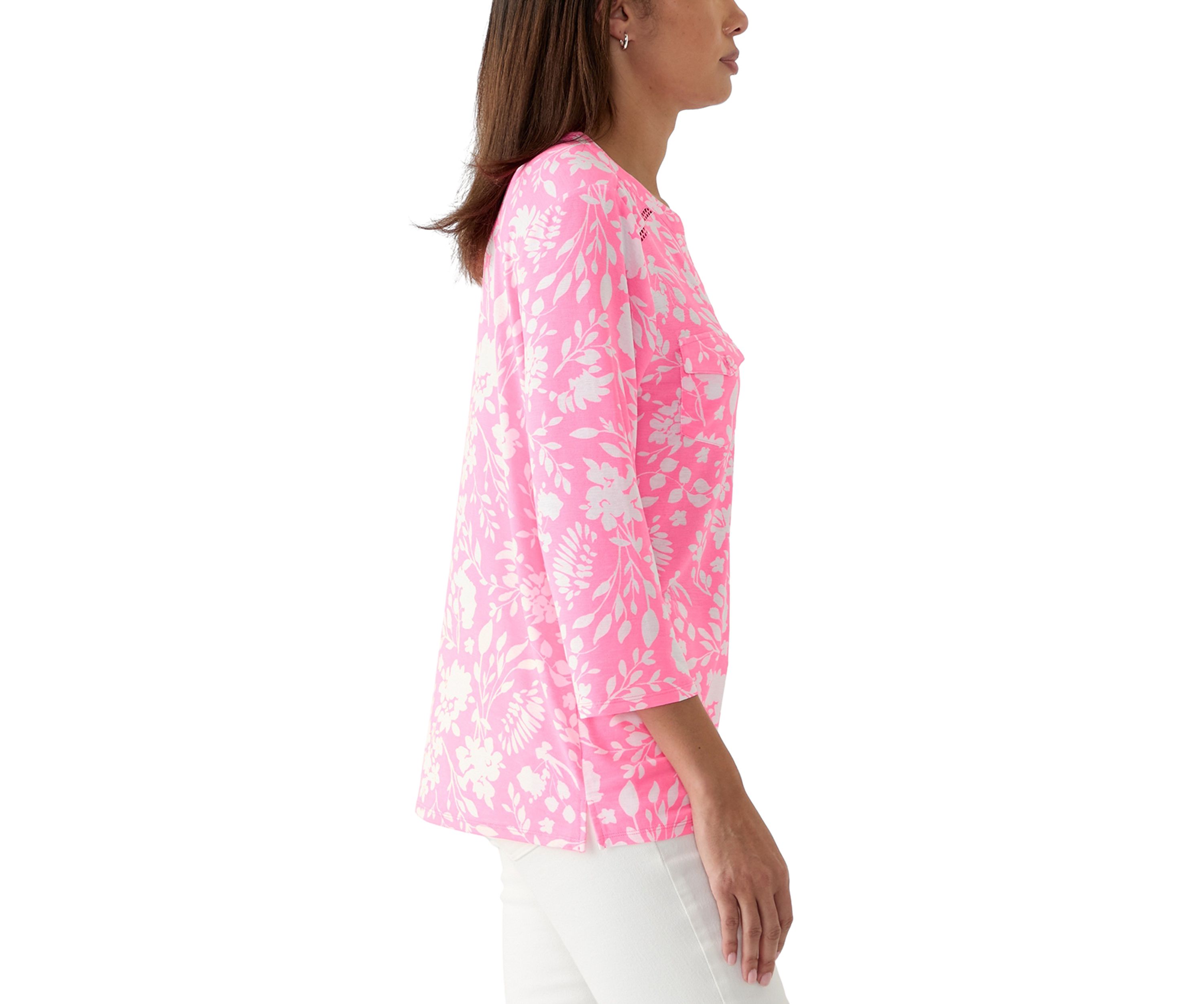 Womens 3/4 Sleeve Printed Knit Henley Top