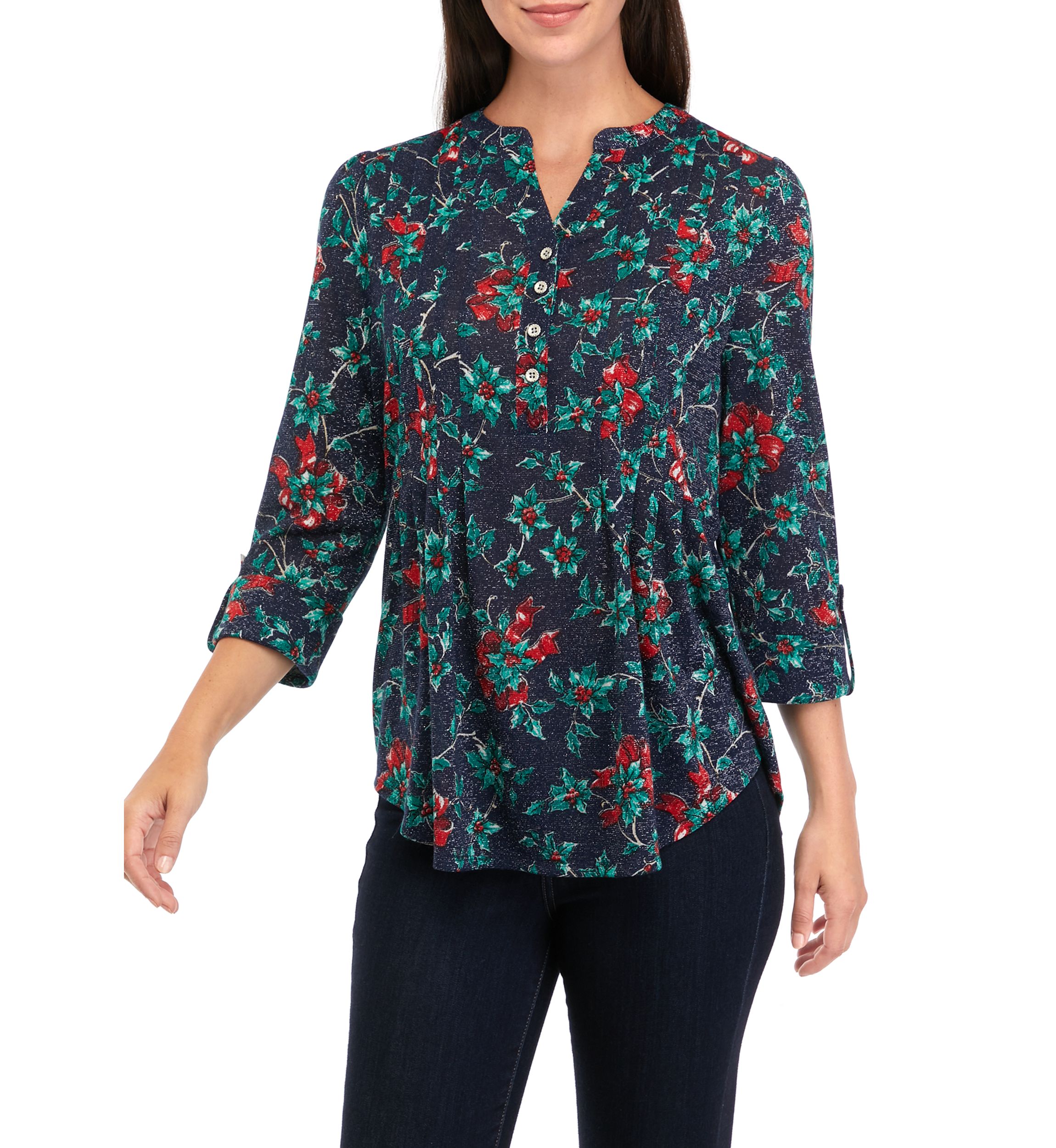 Womens 3/4 Roll Tab Sleeve Popover Top