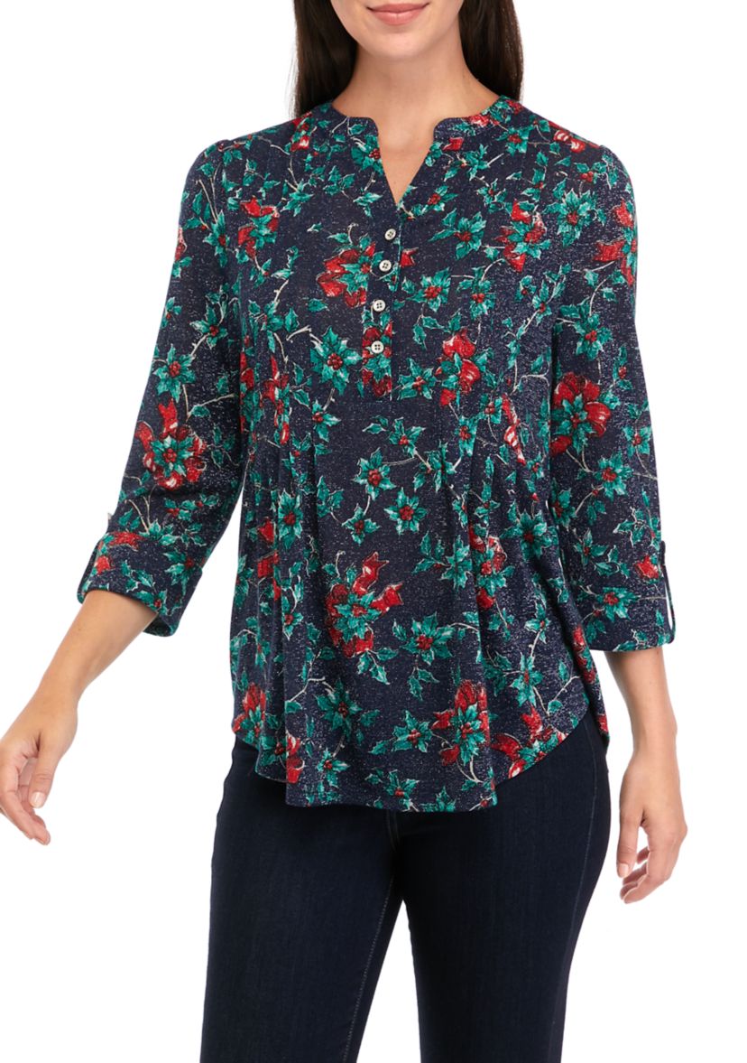 Womens 3/4 Roll Tab Sleeve Popover Top