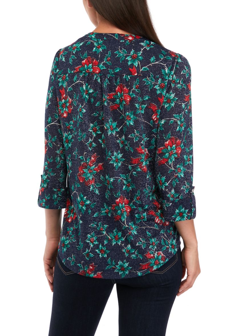 Womens 3/4 Roll Tab Sleeve Popover Top