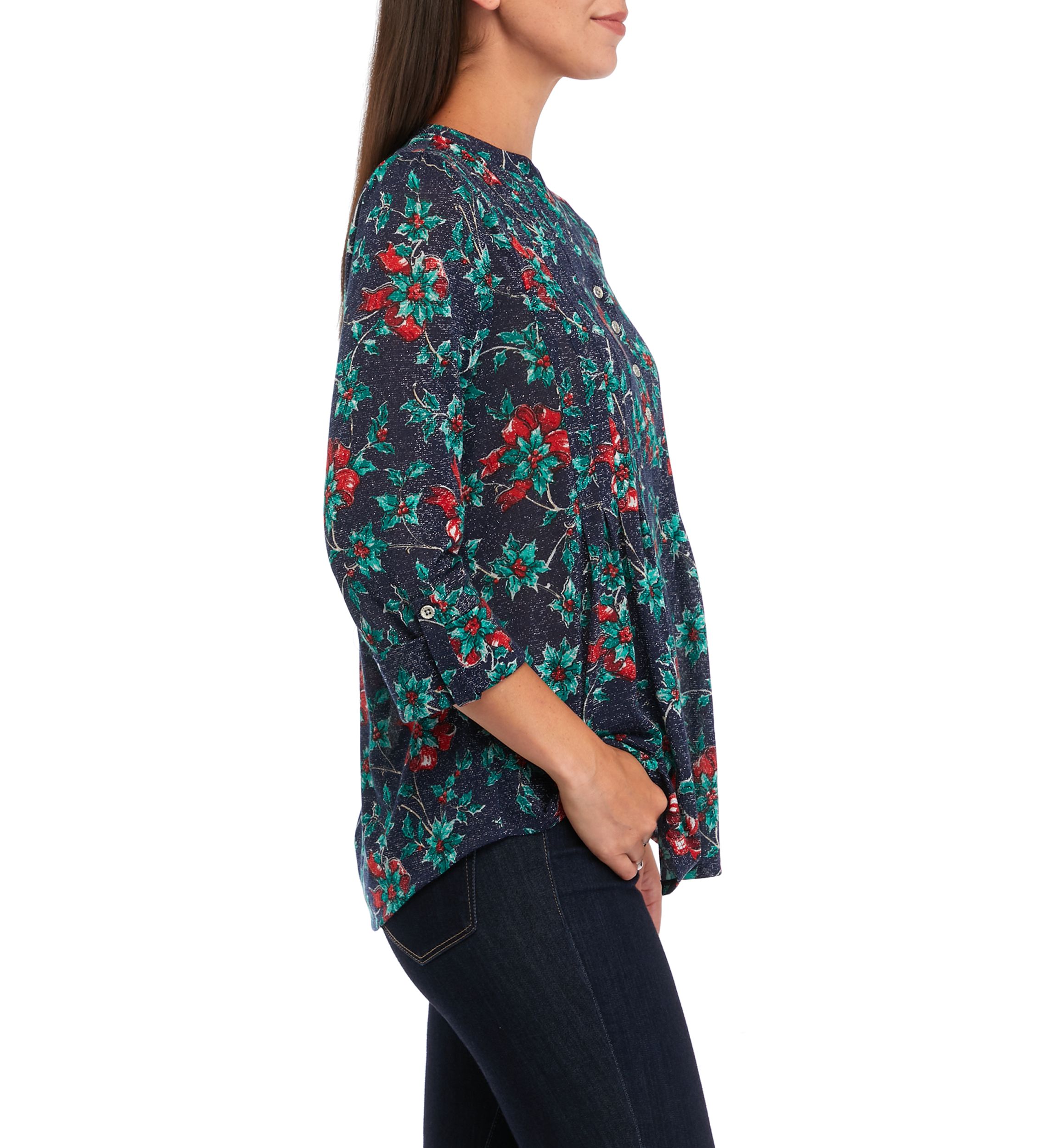 Womens 3/4 Roll Tab Sleeve Popover Top