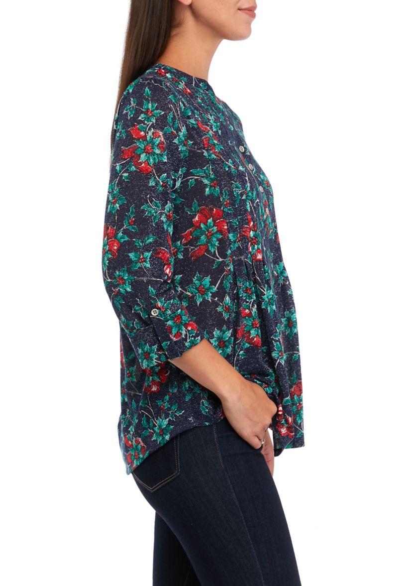 Womens 3/4 Roll Tab Sleeve Popover Top