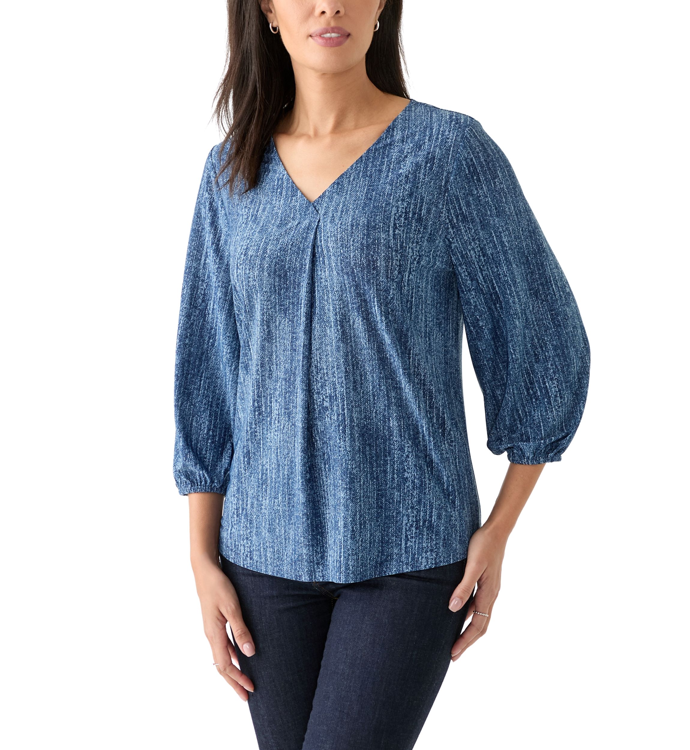 Womens 3/4 Blouson Sleeve V-Neck Pleated Top 