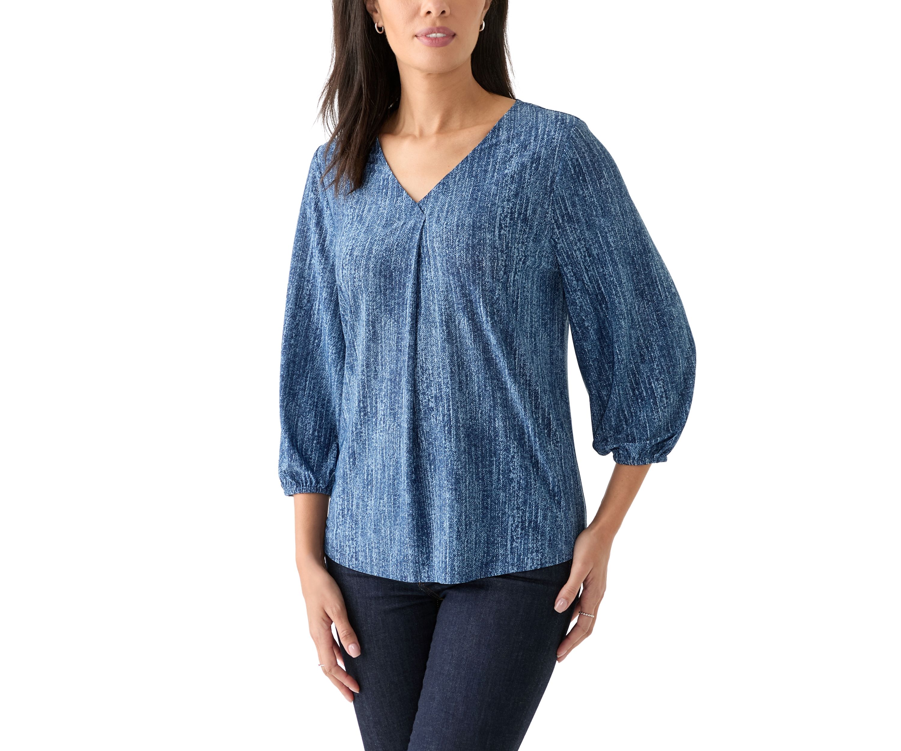 Womens 3/4 Blouson Sleeve V-Neck Pleated Top 