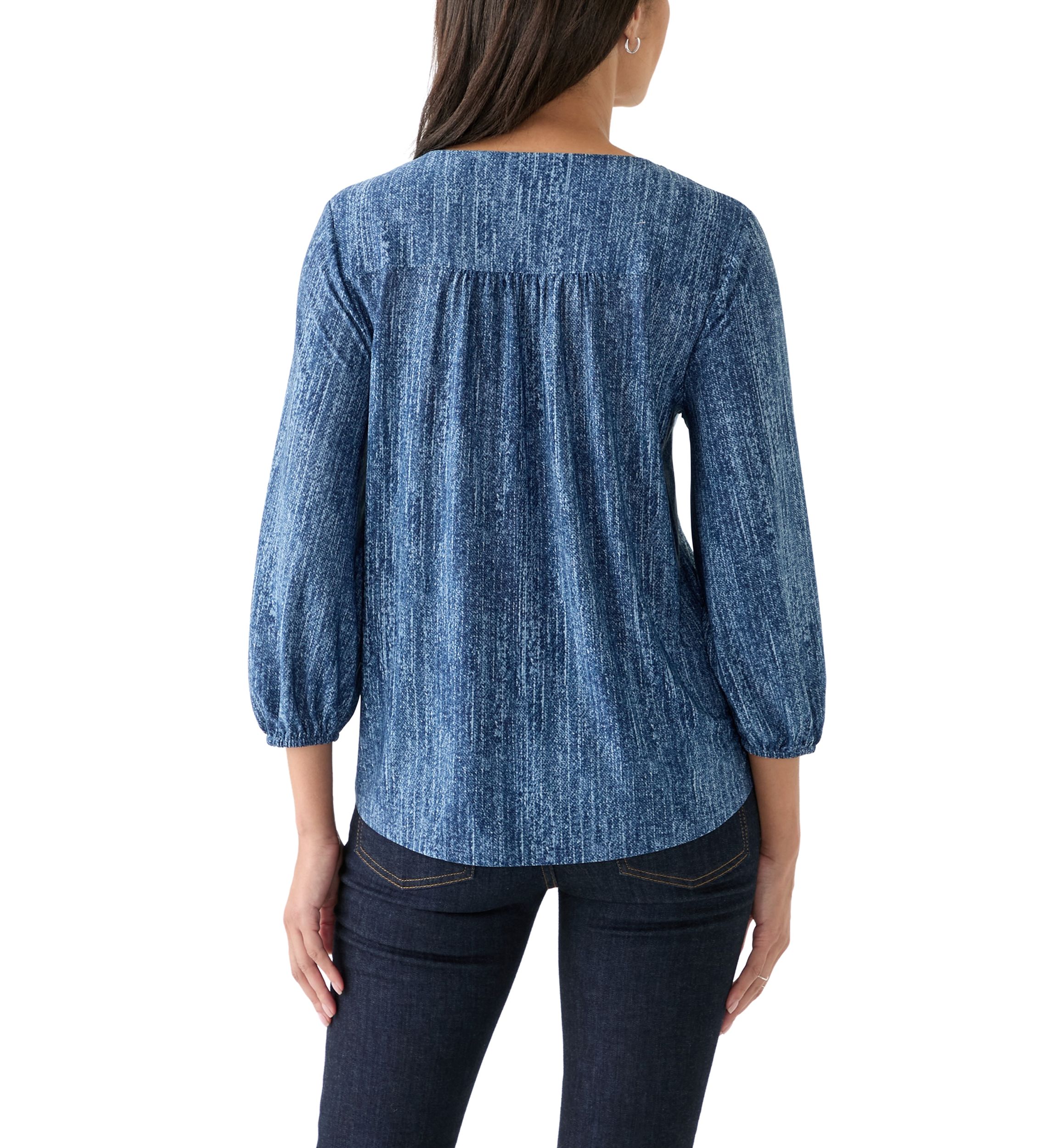 Womens 3/4 Blouson Sleeve V-Neck Pleated Top 