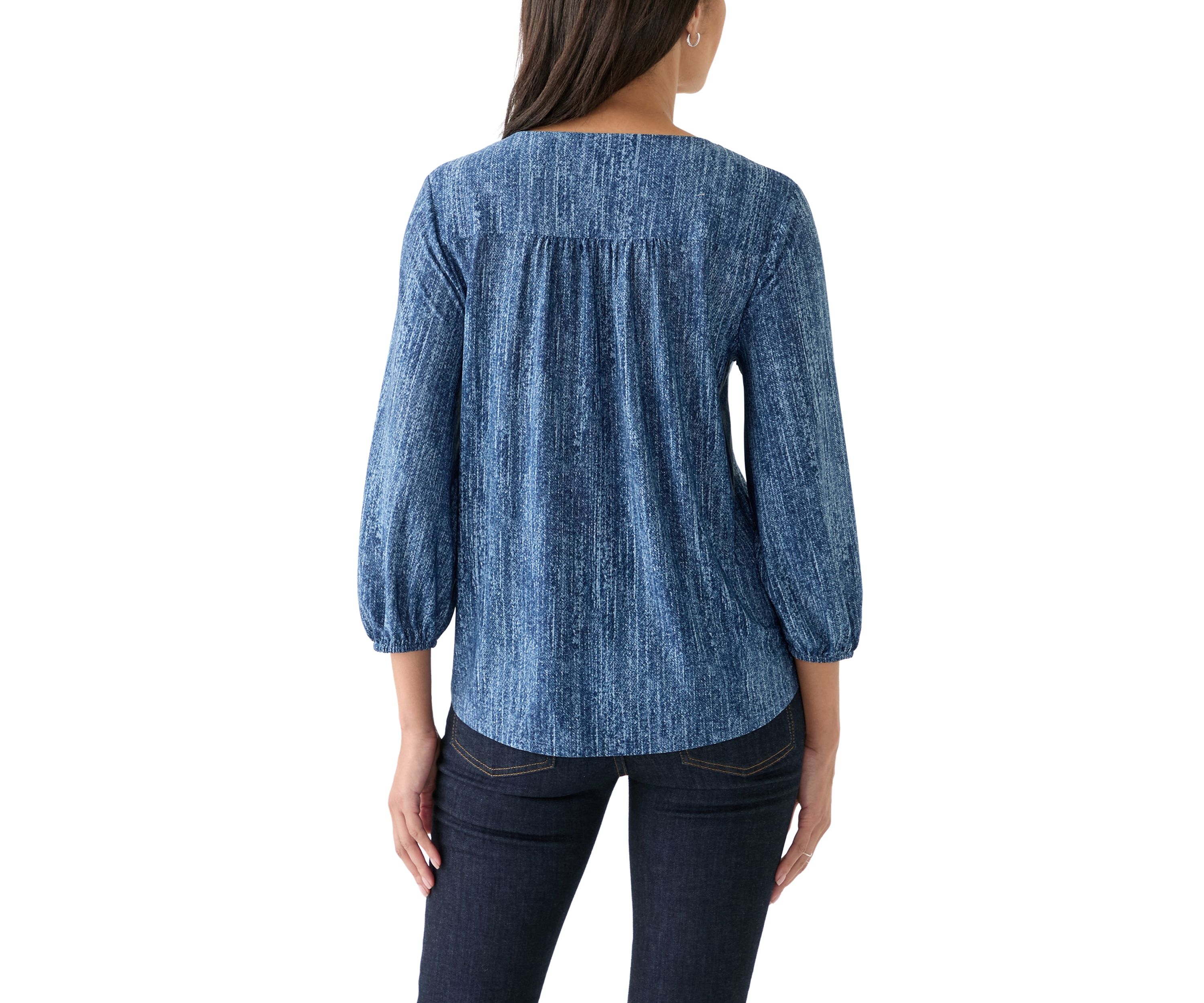 Womens 3/4 Blouson Sleeve V-Neck Pleated Top 