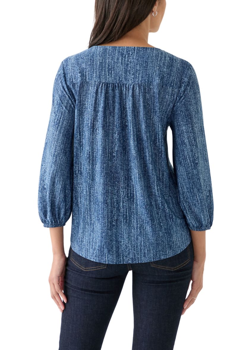 Womens 3/4 Blouson Sleeve V-Neck Pleated Top 
