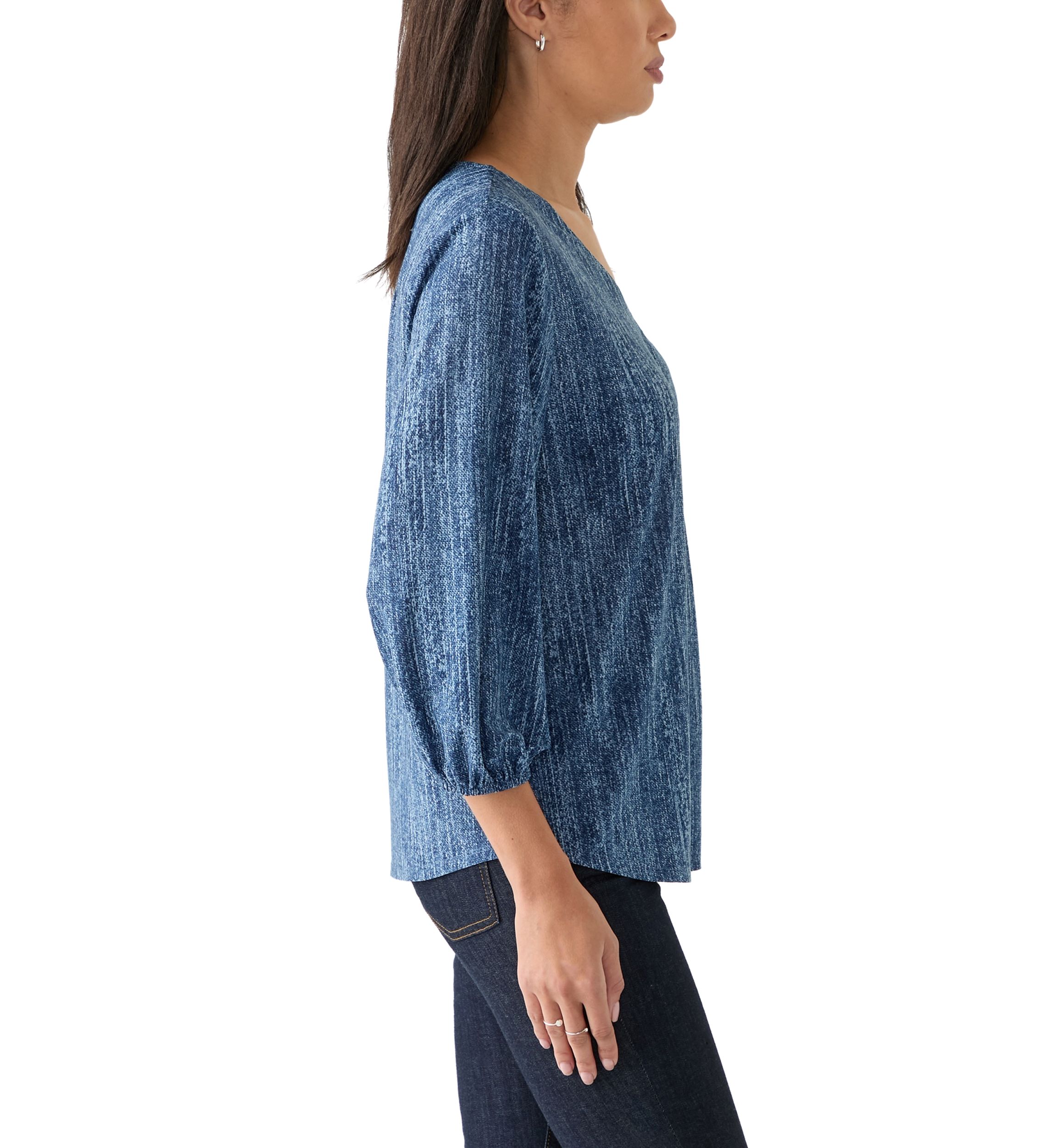 Womens 3/4 Blouson Sleeve V-Neck Pleated Top 