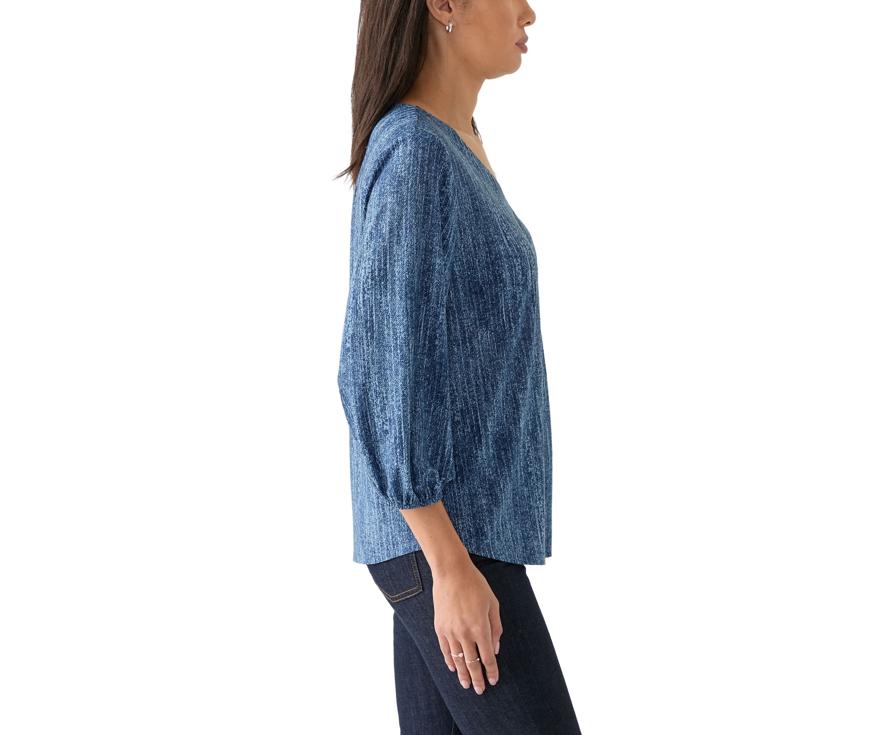 Womens 3/4 Blouson Sleeve V-Neck Pleated Top 