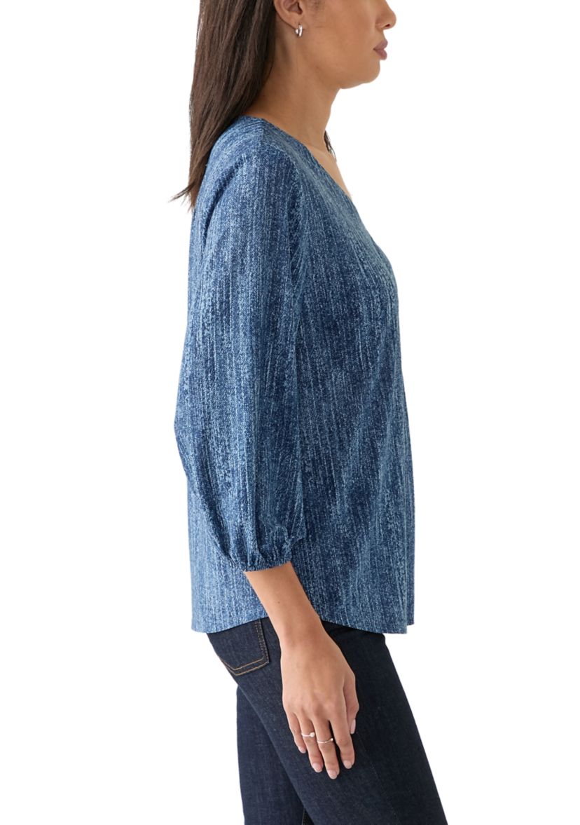 Womens 3/4 Blouson Sleeve V-Neck Pleated Top 