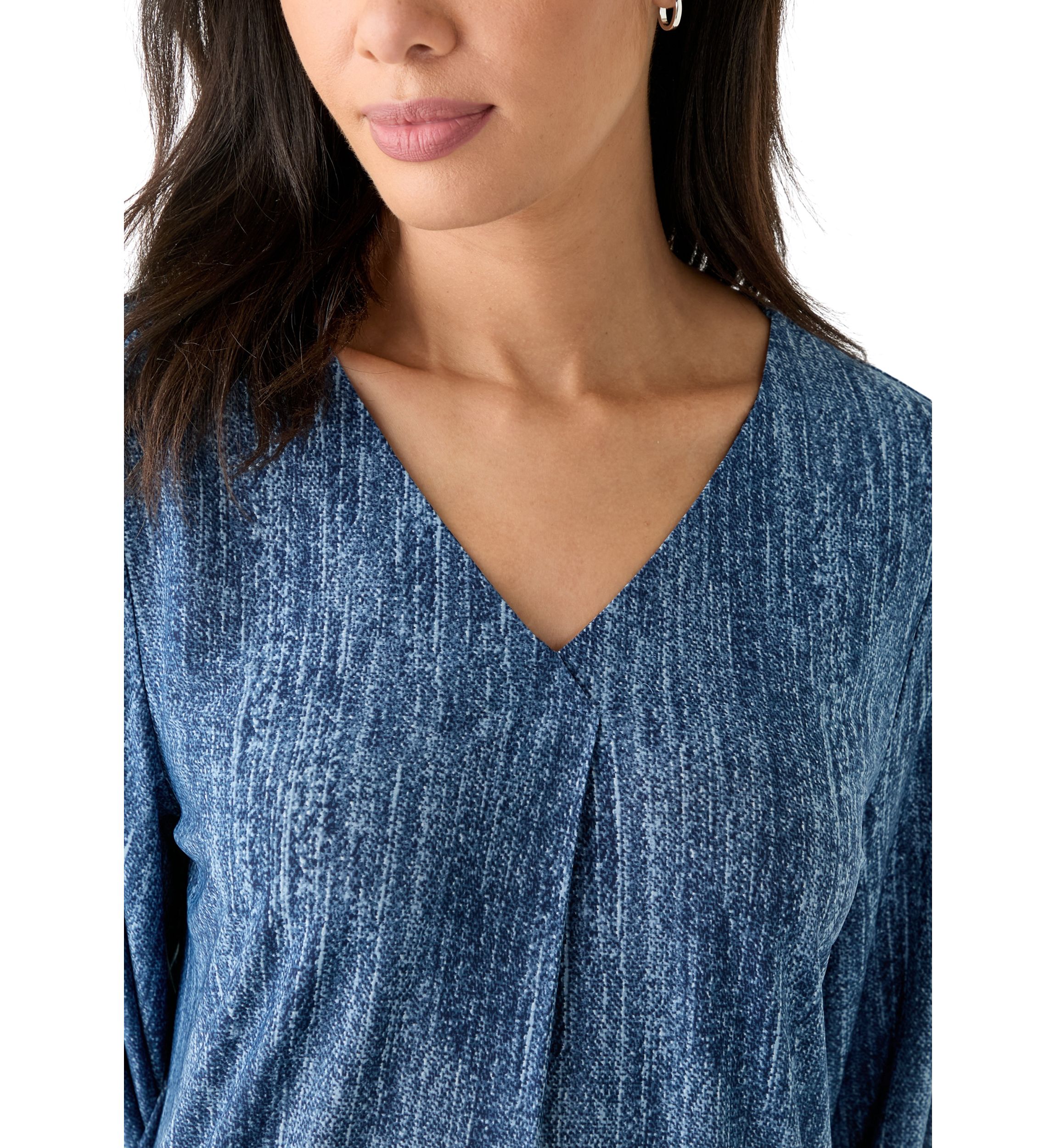 Womens 3/4 Blouson Sleeve V-Neck Pleated Top 