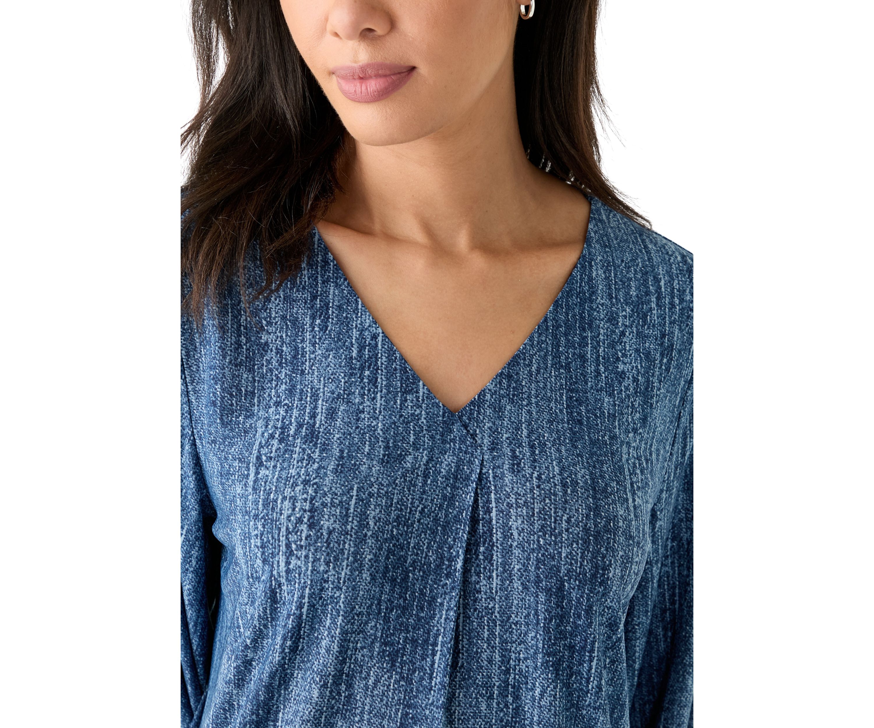 Womens 3/4 Blouson Sleeve V-Neck Pleated Top 