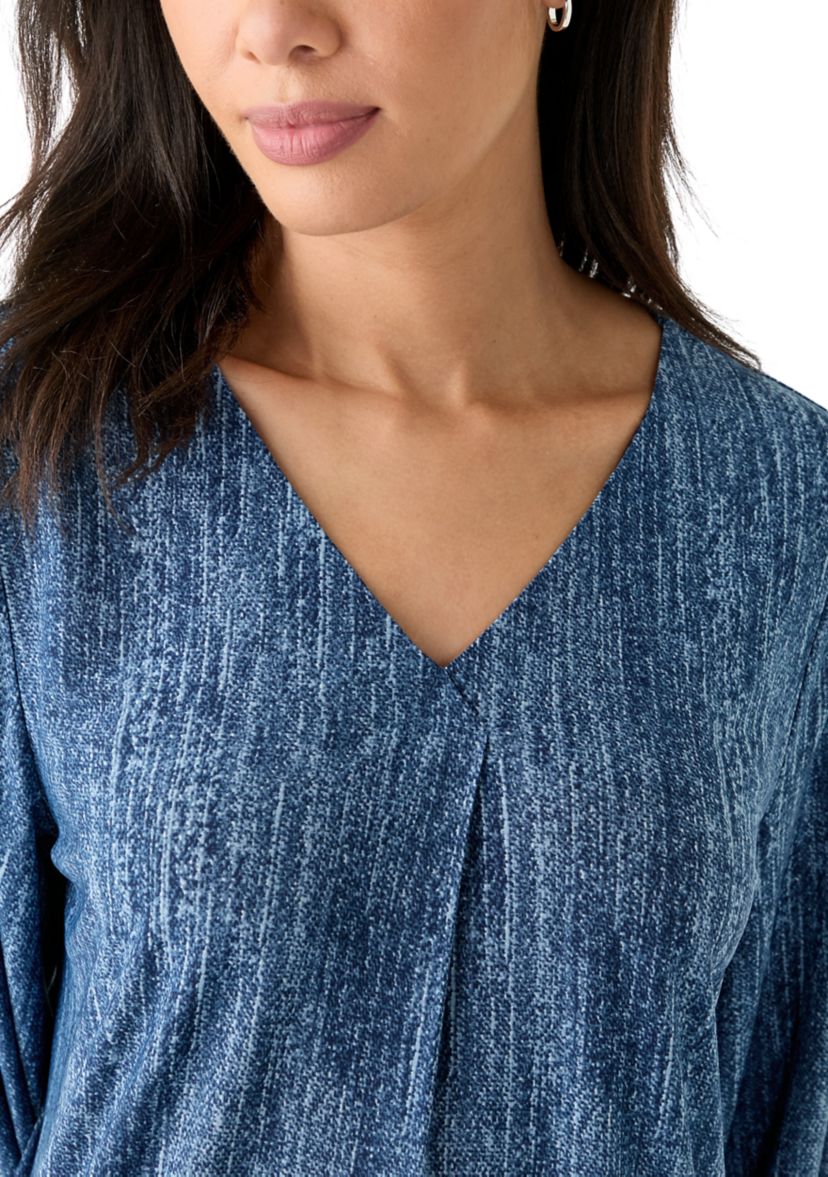 Womens 3/4 Blouson Sleeve V-Neck Pleated Top 