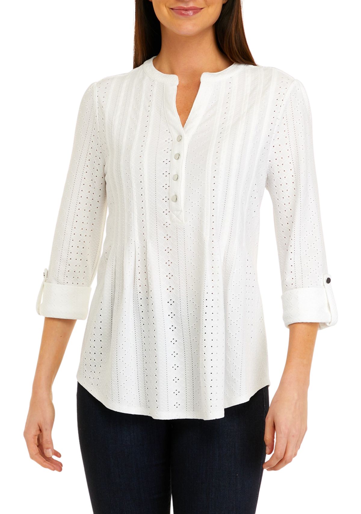 Womens Roll Tab Eyelet Knit Henley Top