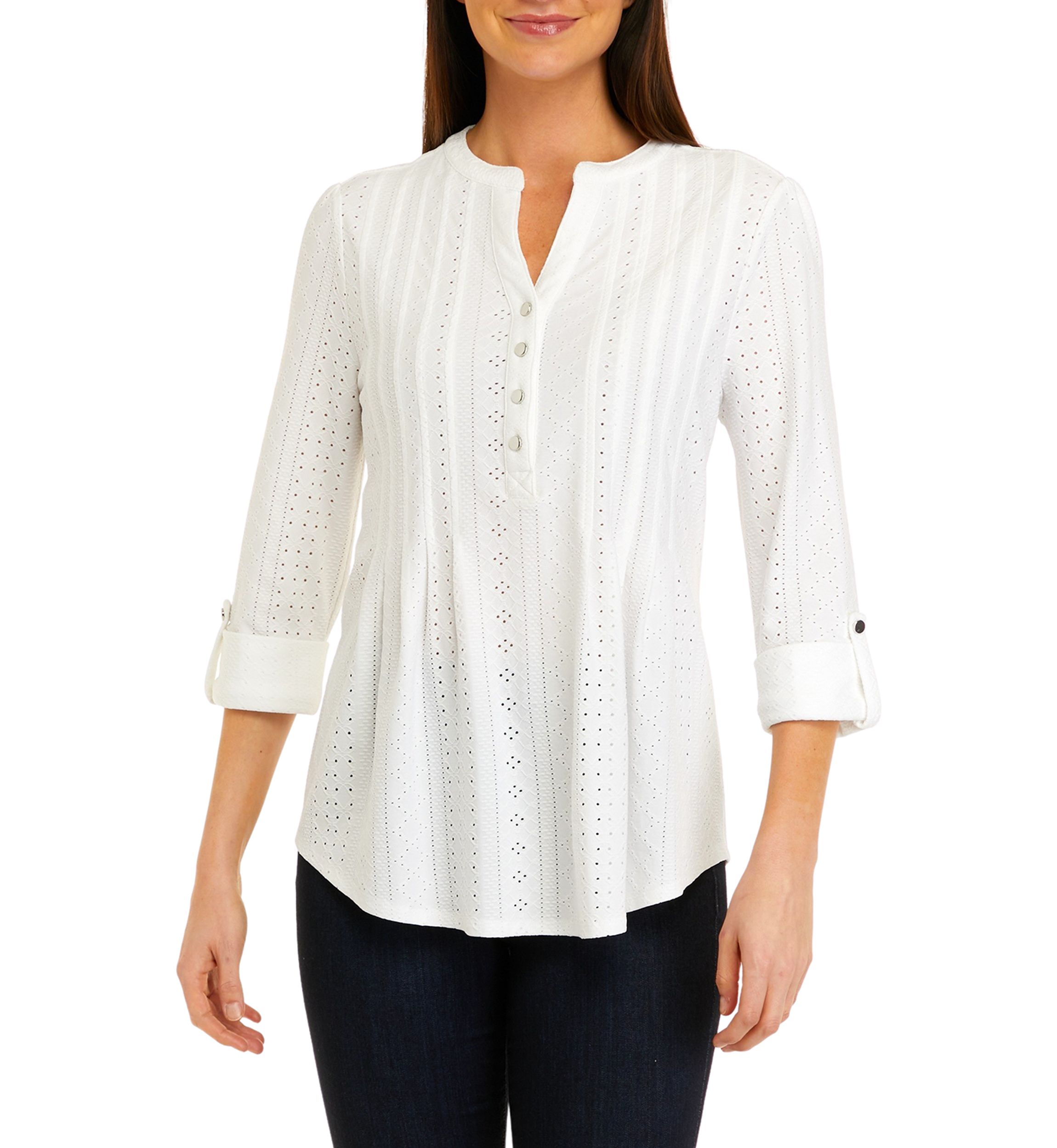 Womens Roll Tab Eyelet Knit Henley Top