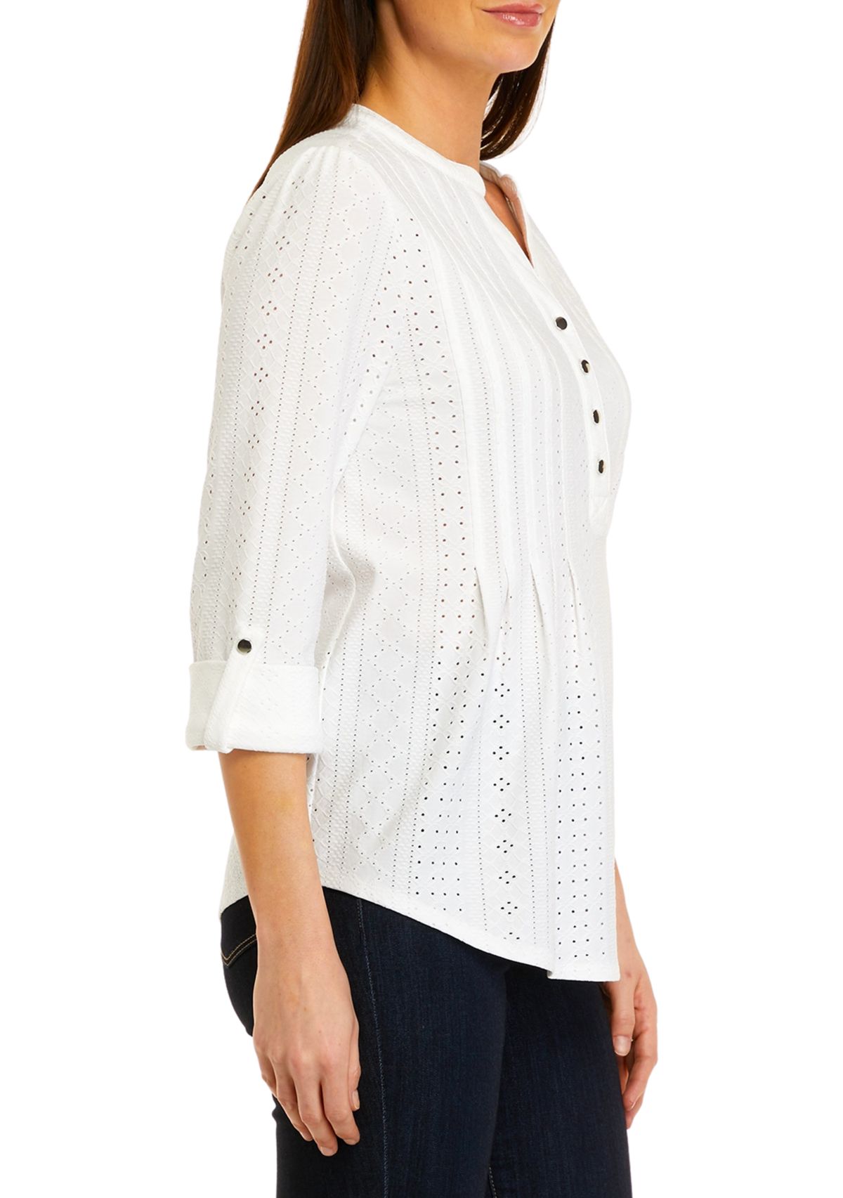 Womens Roll Tab Eyelet Knit Henley Top