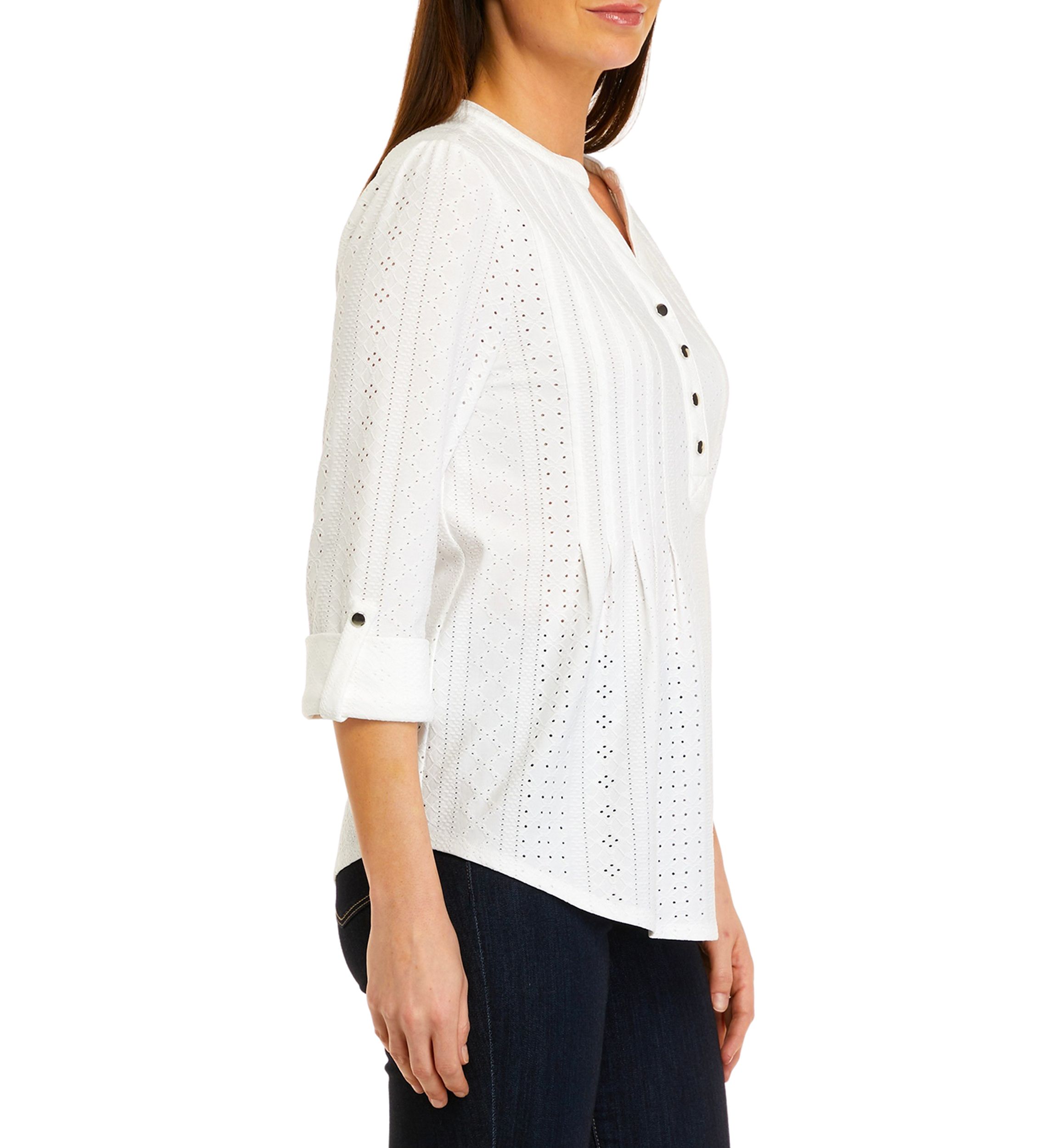 Womens Roll Tab Eyelet Knit Henley Top