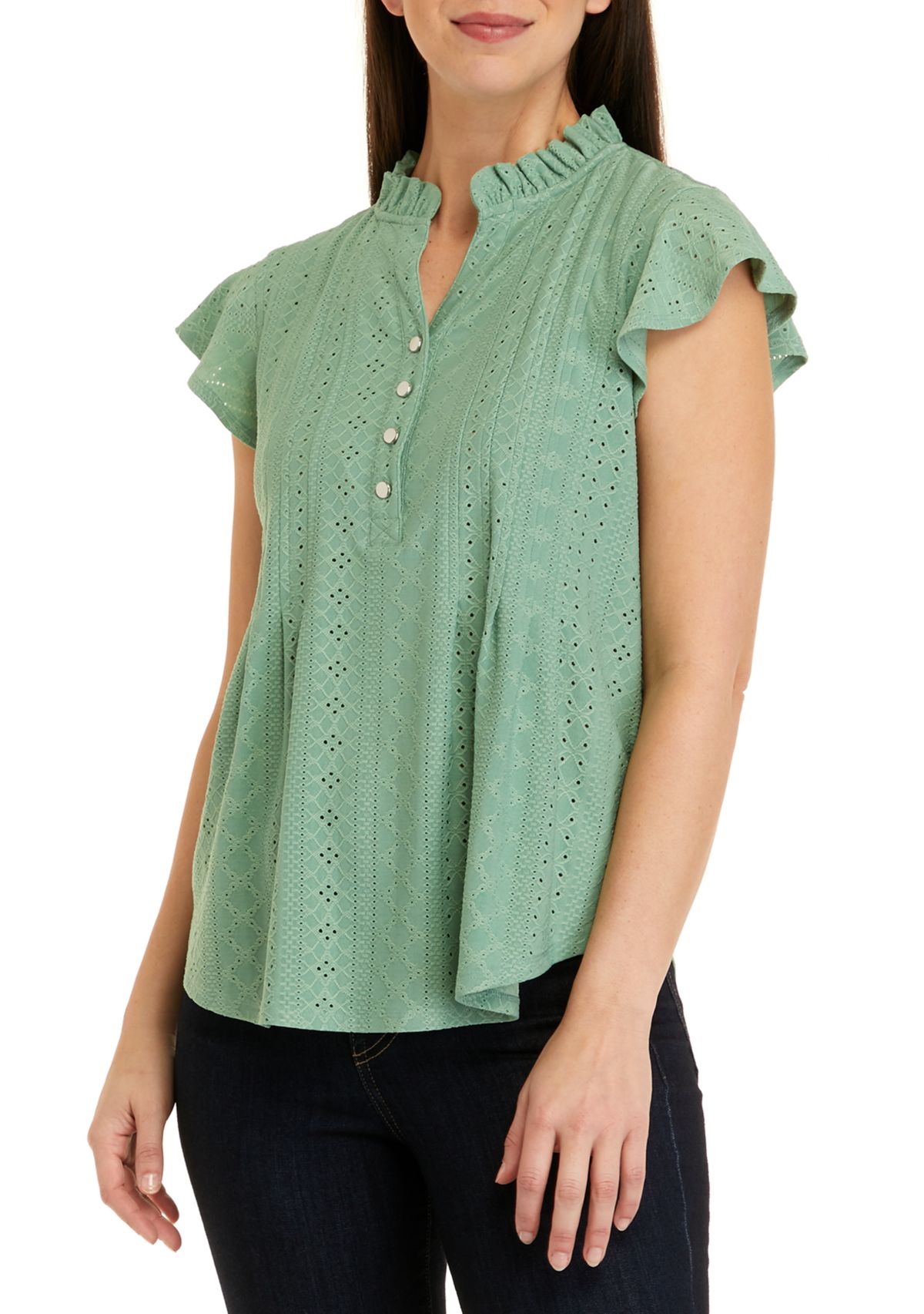 Womens Flutter Sleeve Knit Eyelet Henley Top
