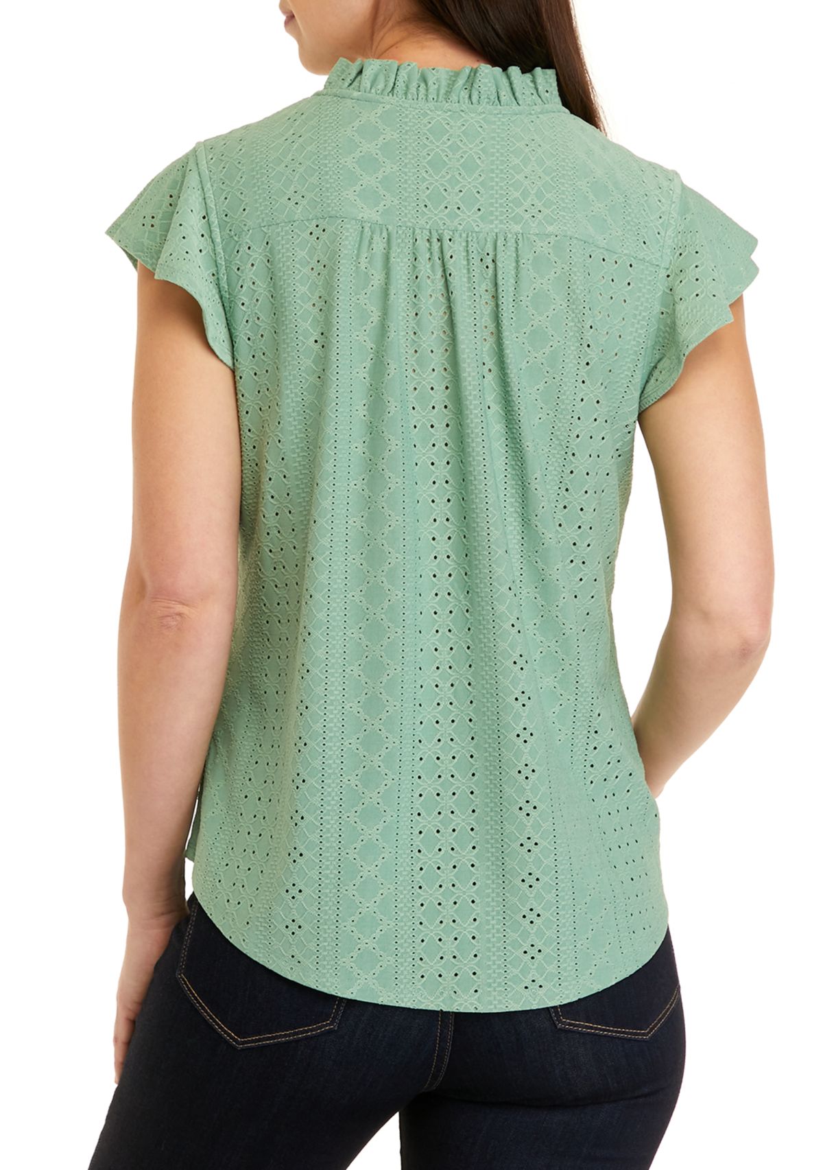 Womens Flutter Sleeve Knit Eyelet Henley Top