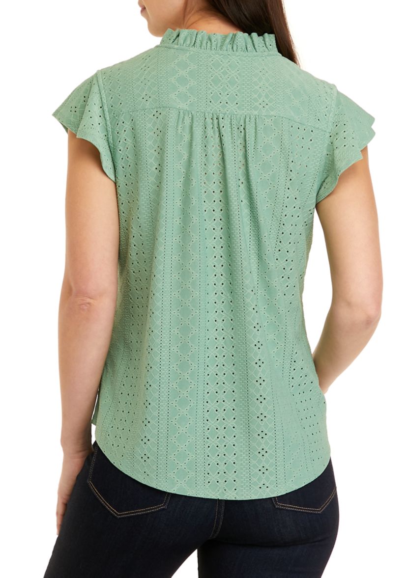 Womens Flutter Sleeve Knit Eyelet Henley Top