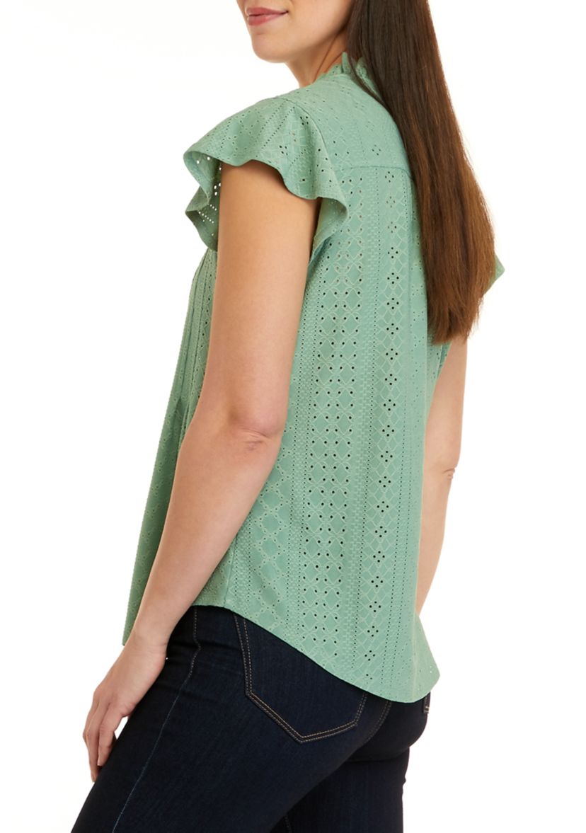 Womens Flutter Sleeve Knit Eyelet Henley Top