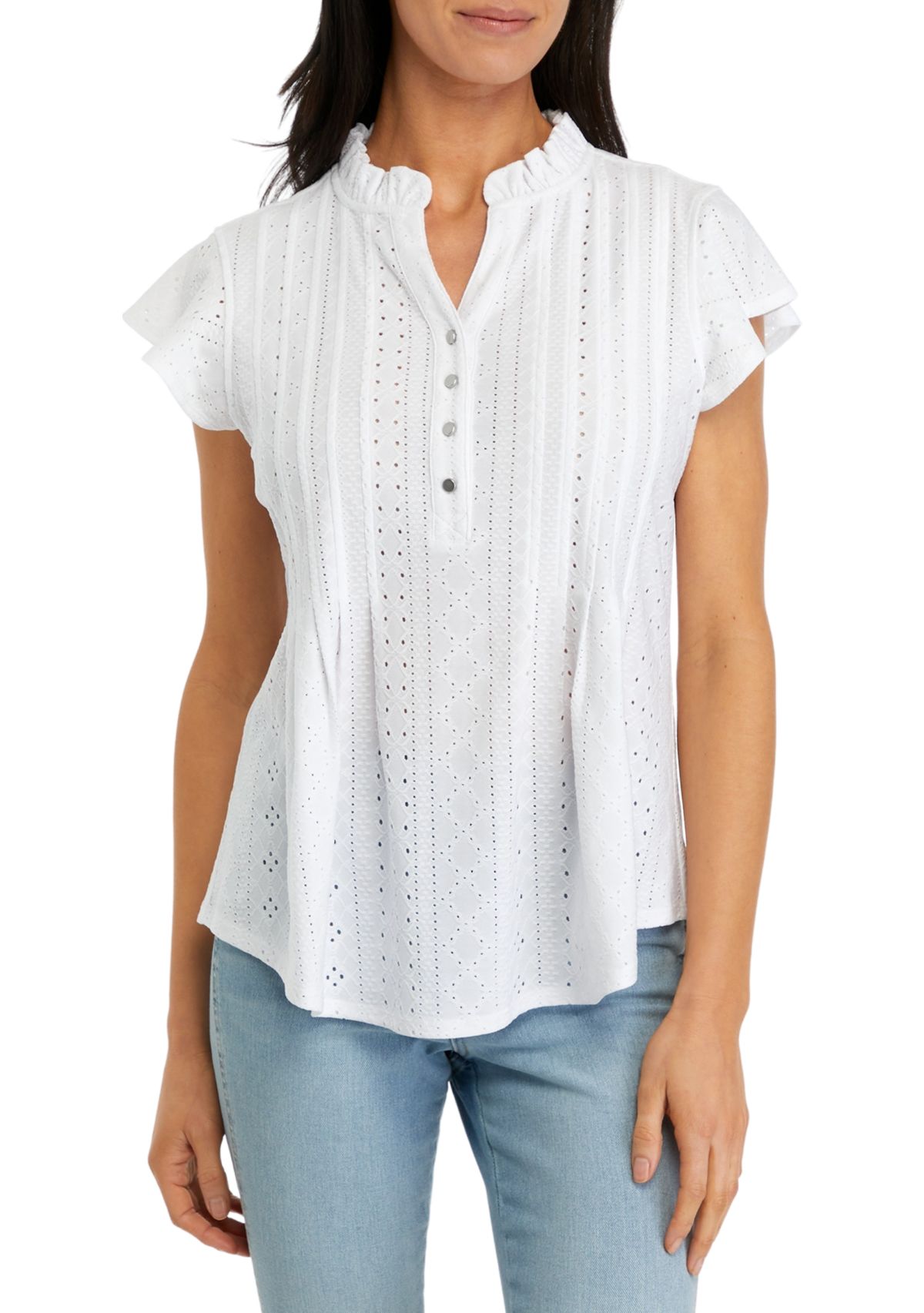 Womens Short Sleeve Henley Knit Eyelet Top