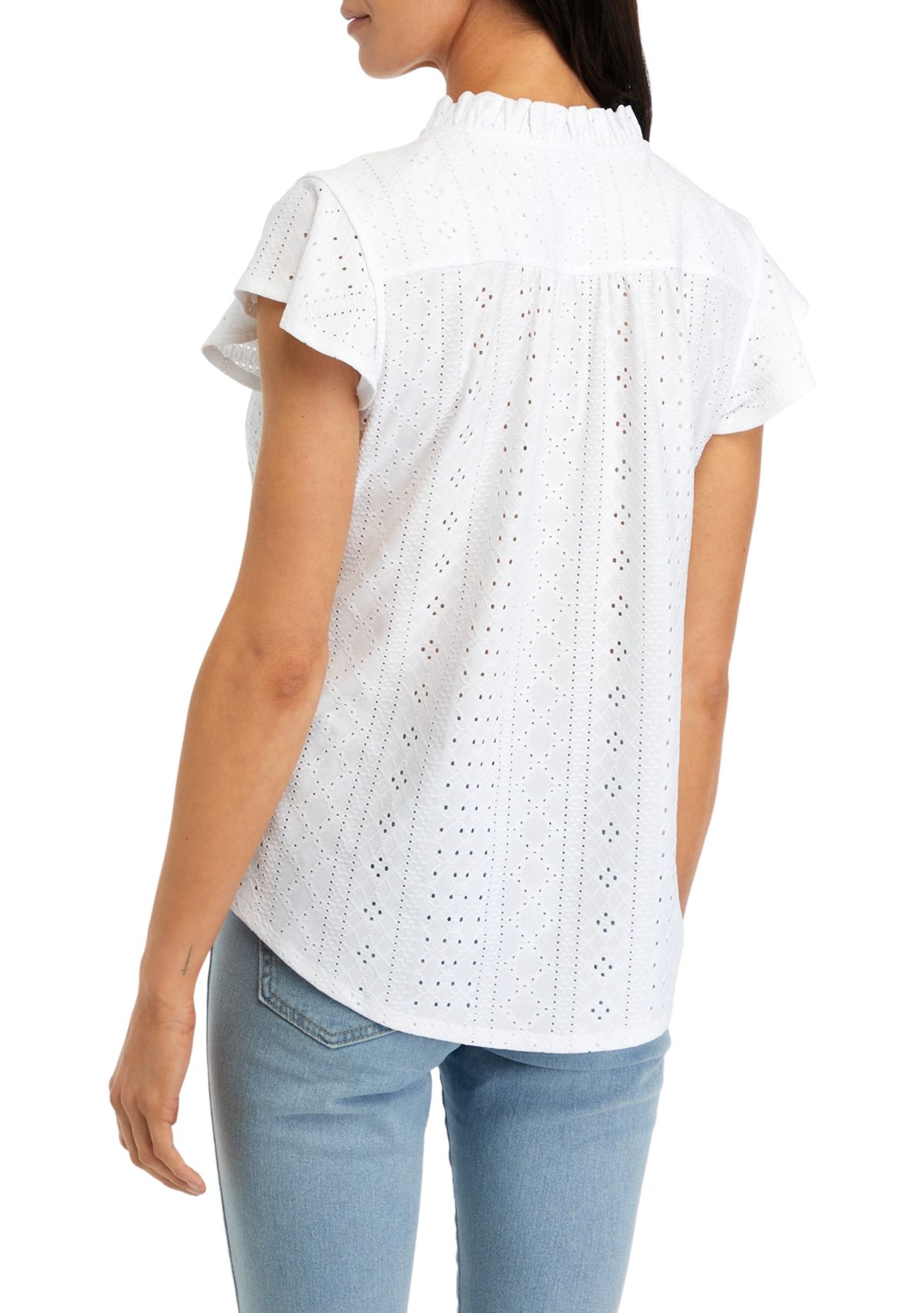 Womens Short Sleeve Henley Knit Eyelet Top