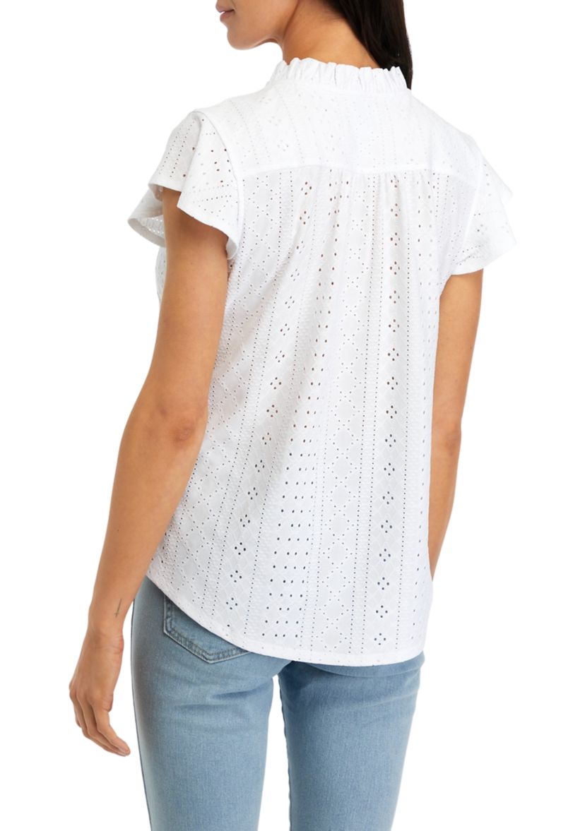 Womens Short Sleeve Henley Knit Eyelet Top