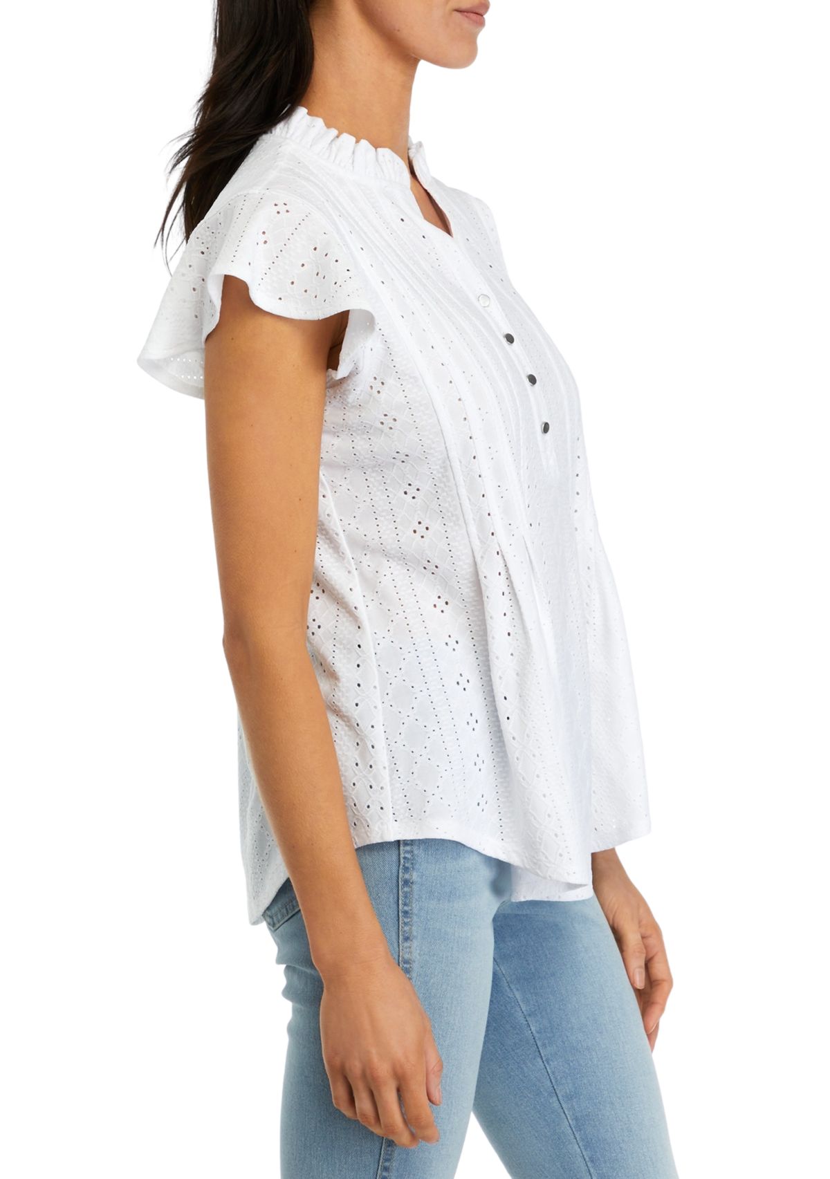 Womens Short Sleeve Henley Knit Eyelet Top