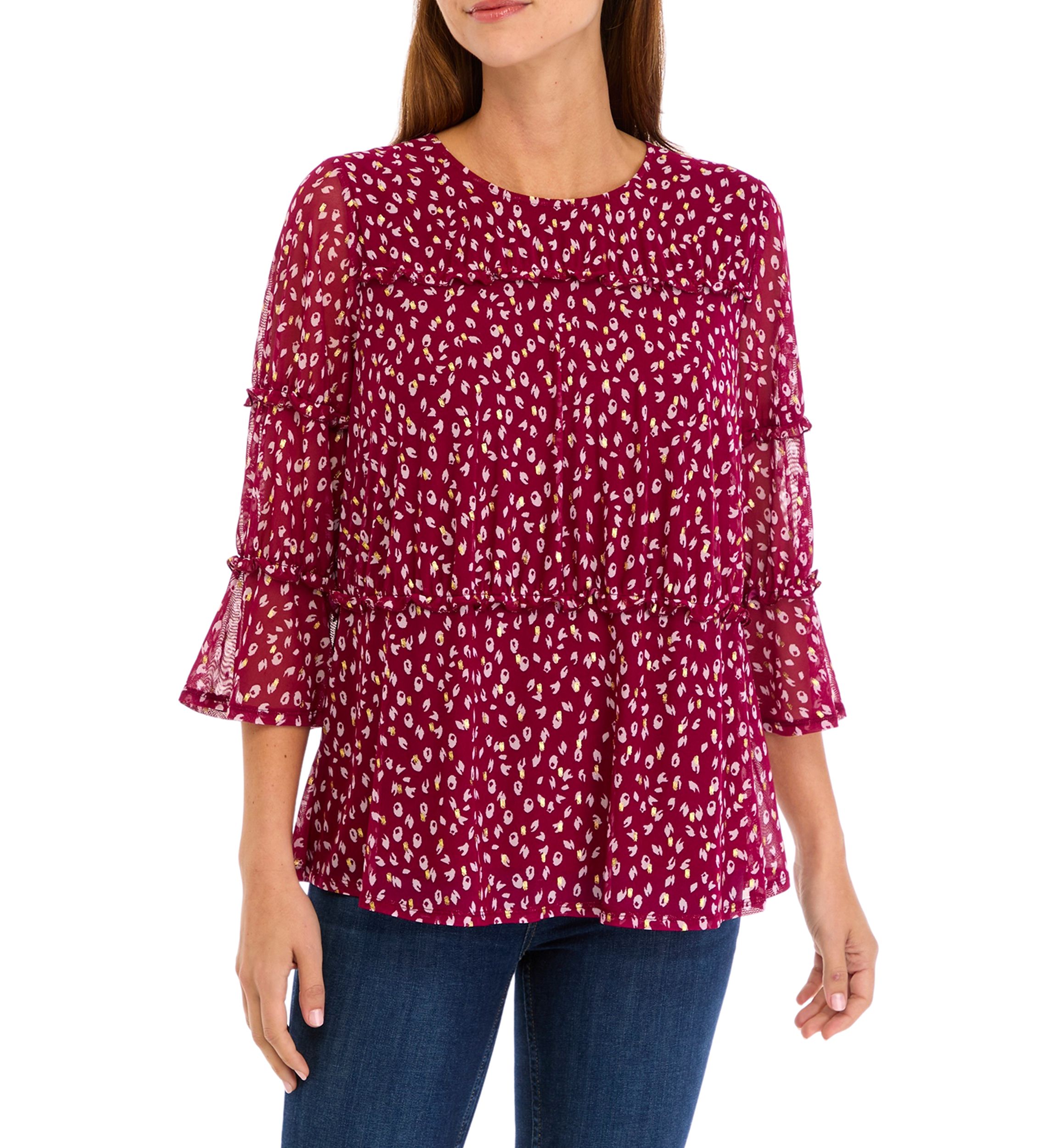Womens Printed Mesh Tiered Blouse