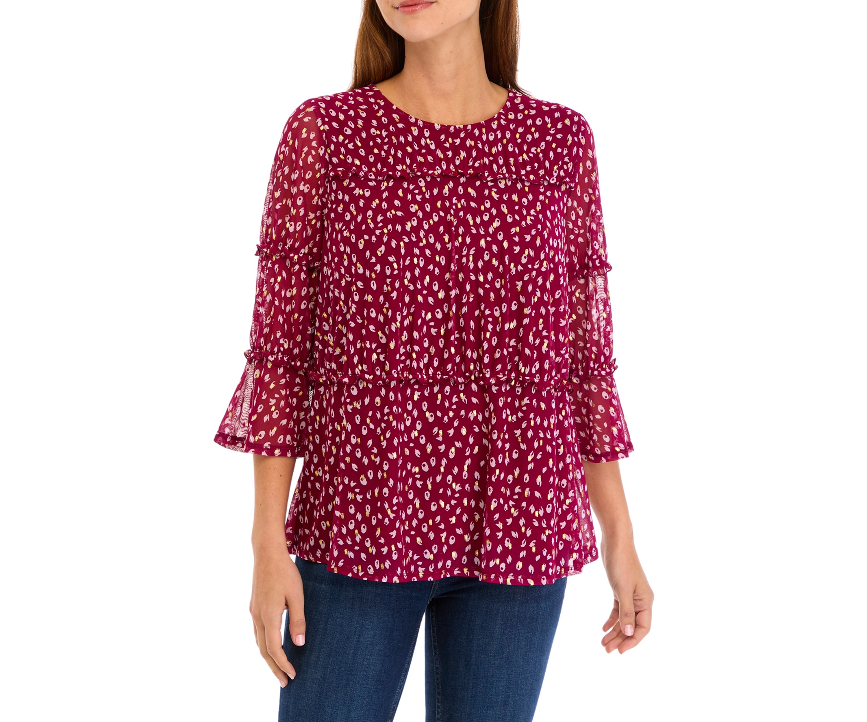 Womens Printed Mesh Tiered Blouse