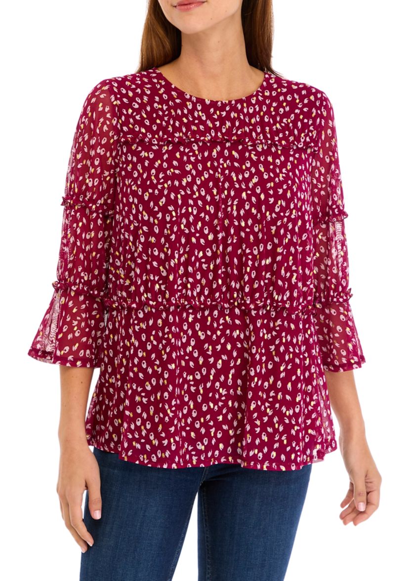 Womens Printed Mesh Tiered Blouse