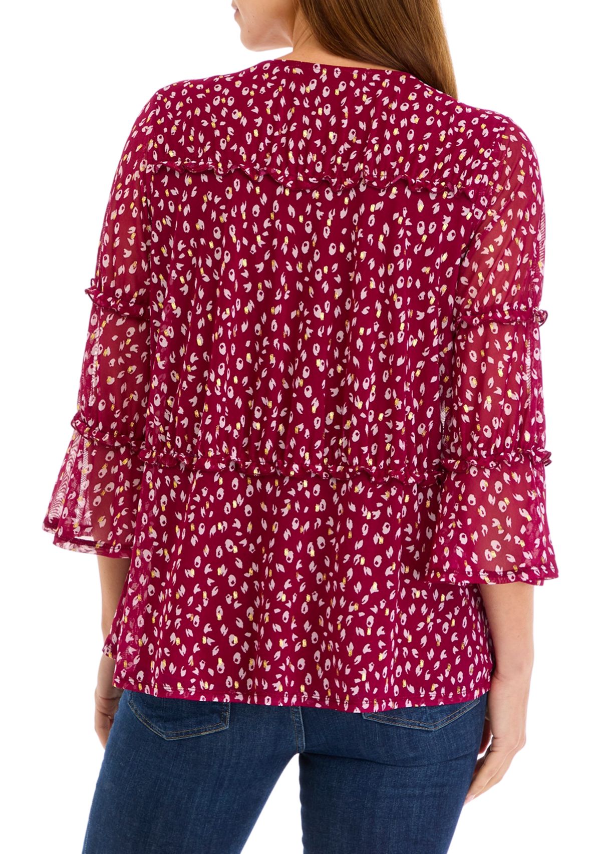 Womens Printed Mesh Tiered Blouse