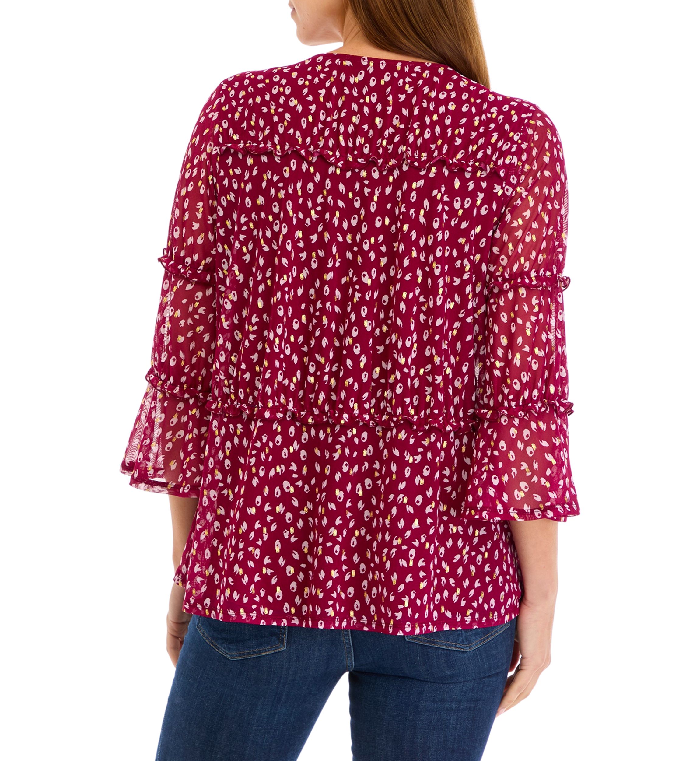 Womens Printed Mesh Tiered Blouse