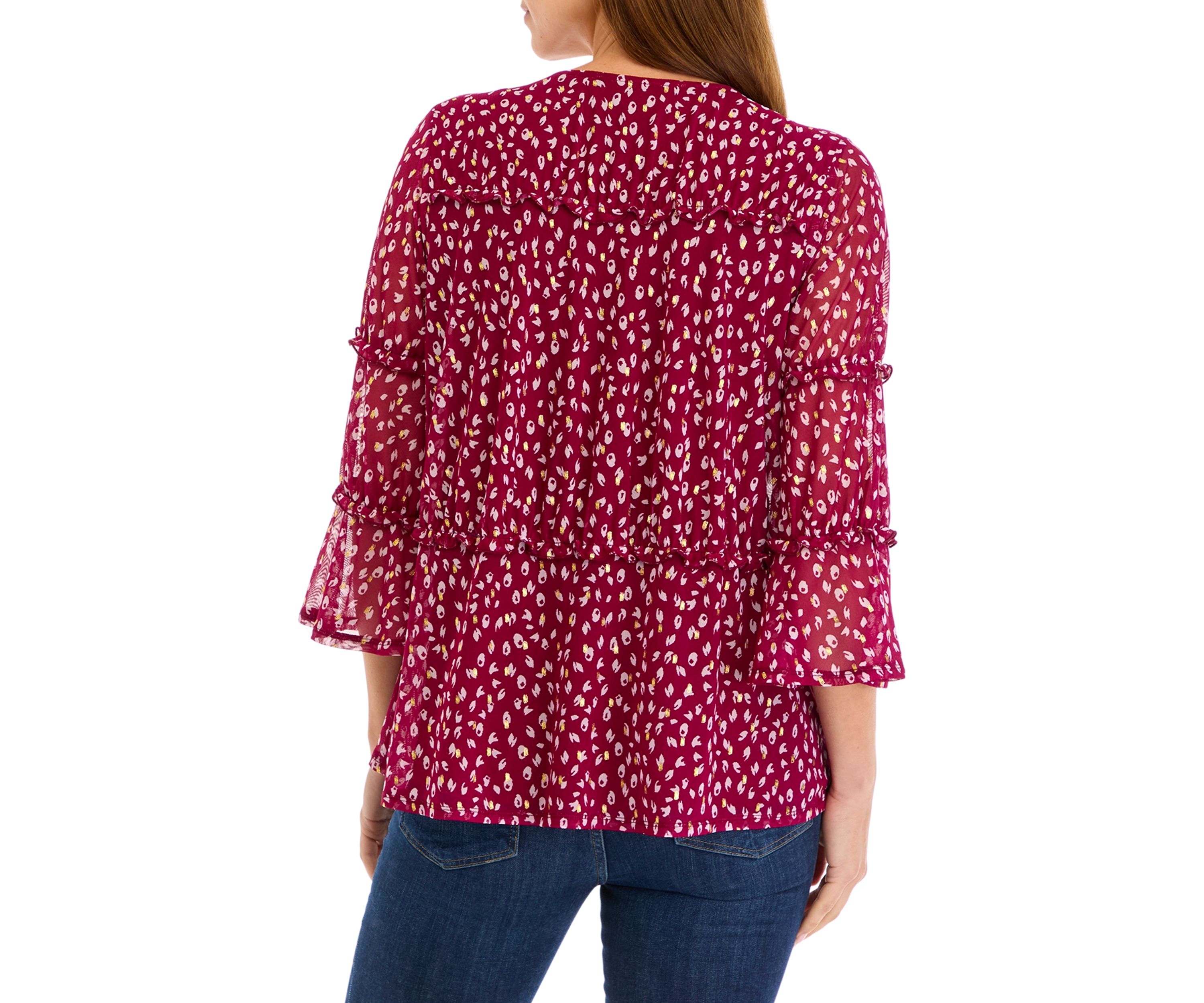Womens Printed Mesh Tiered Blouse