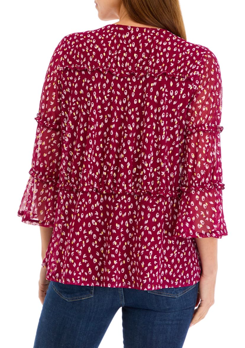 Womens Printed Mesh Tiered Blouse
