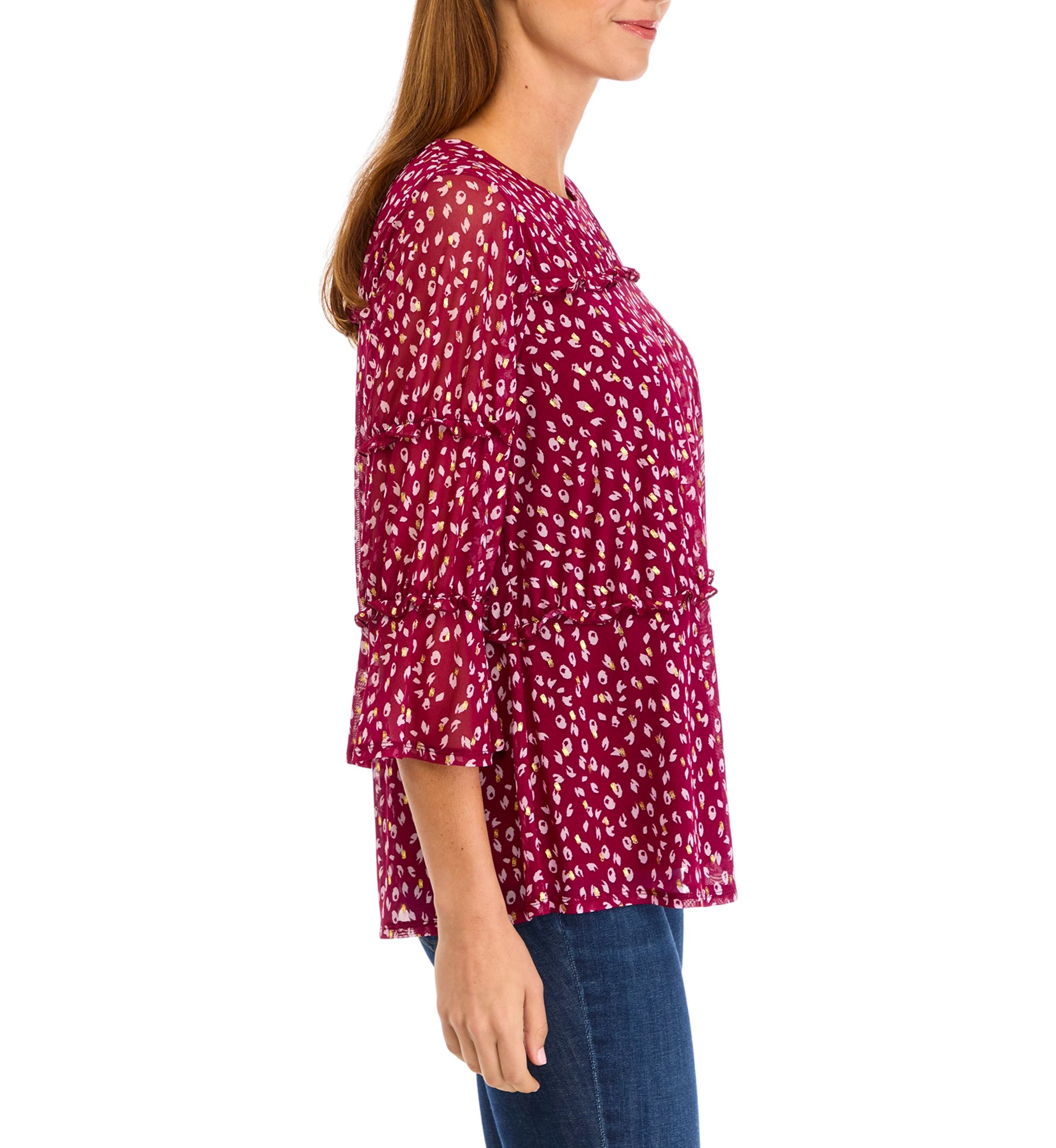 Womens Printed Mesh Tiered Blouse